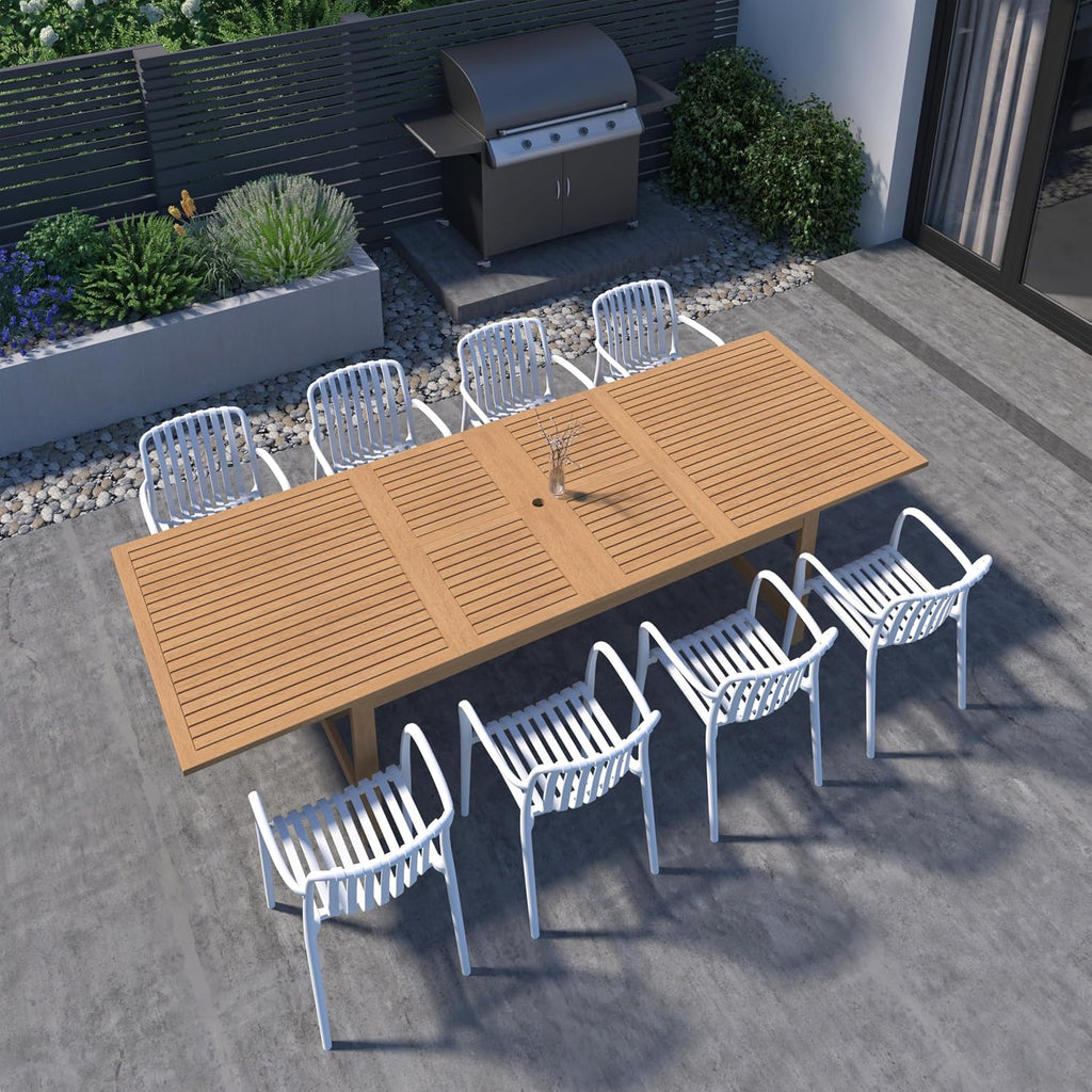 Urban Elements Frida Rectangular Extendable Patio Furniture Set | 100% Certified Teak Finish | Backyard Furniture, Outside Table and Chairs, Rectangular Outdoor Dining Set (White, 9-Piece)