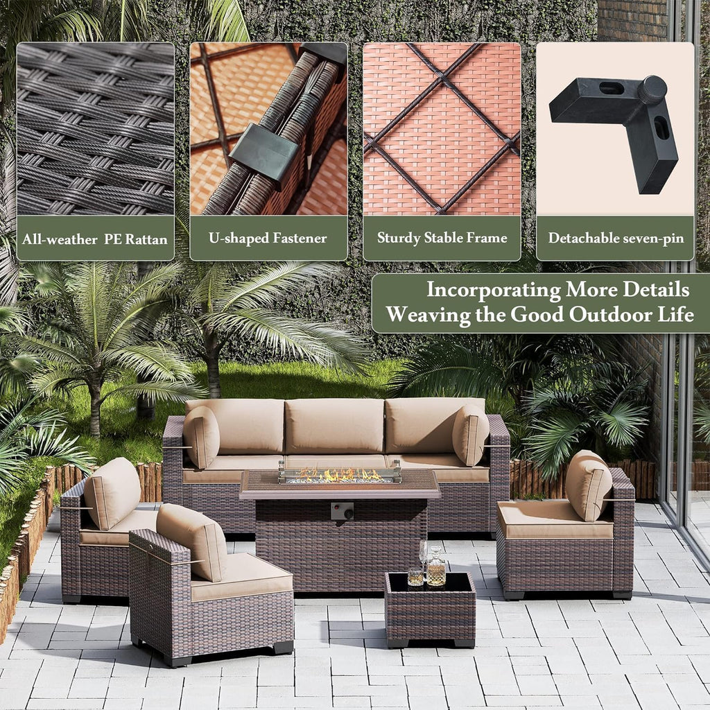 8 Pieces Outdoor Patio Furniture Set,Outdoor Sectional Furniture with 43' 55000 BTU Gas Propane Fire Pit Table,All Weather PE Rattan Wicker Patio Conversation Set,Sand