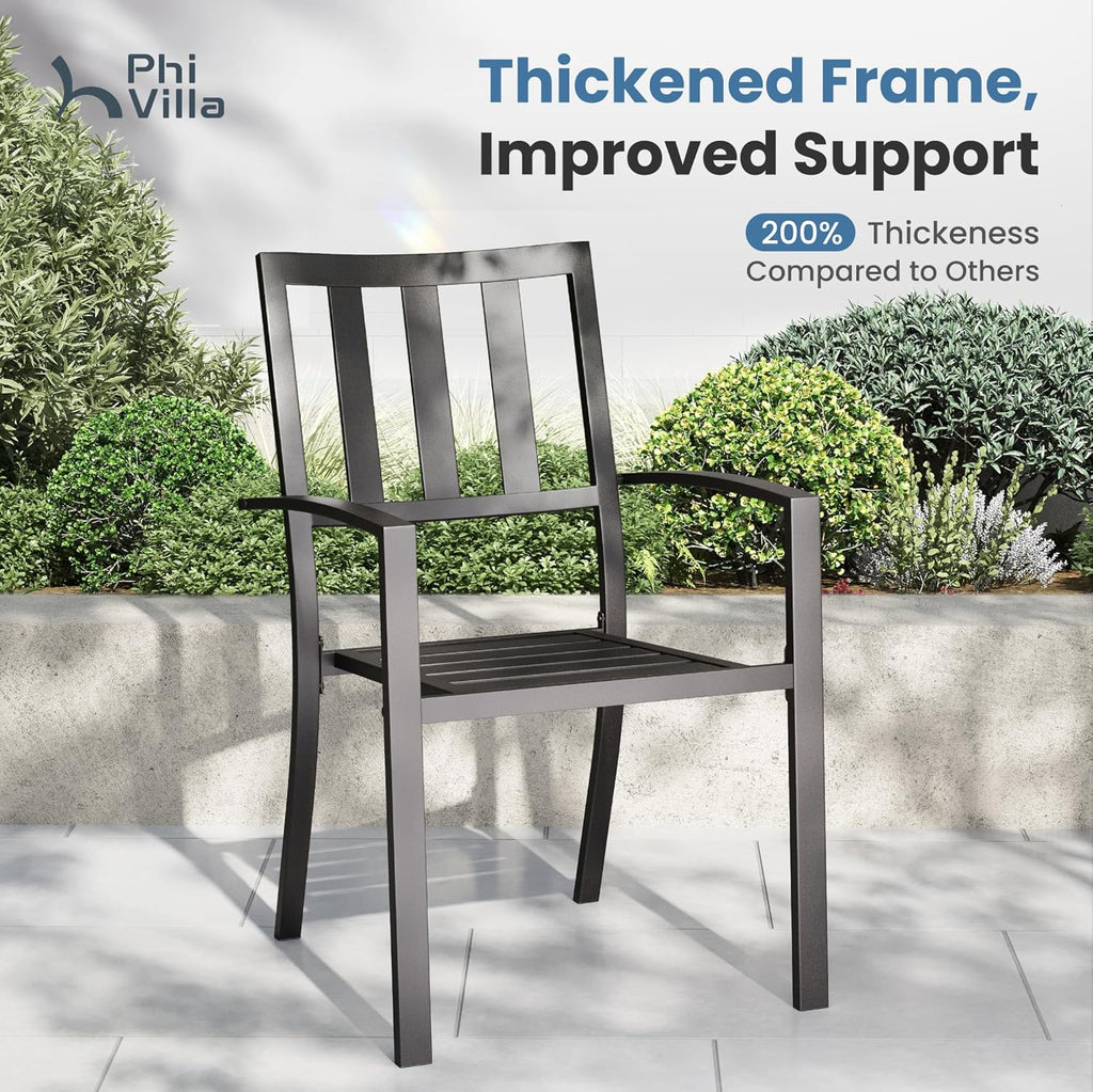 PHI VILLA 5 Piece Outdoor Dining Table Set for 4, 42' Round Steel Dining Table with Umbrella Hole & 4 Black Stacking Metal Chairs for Patio, Deck, Yard, Porch