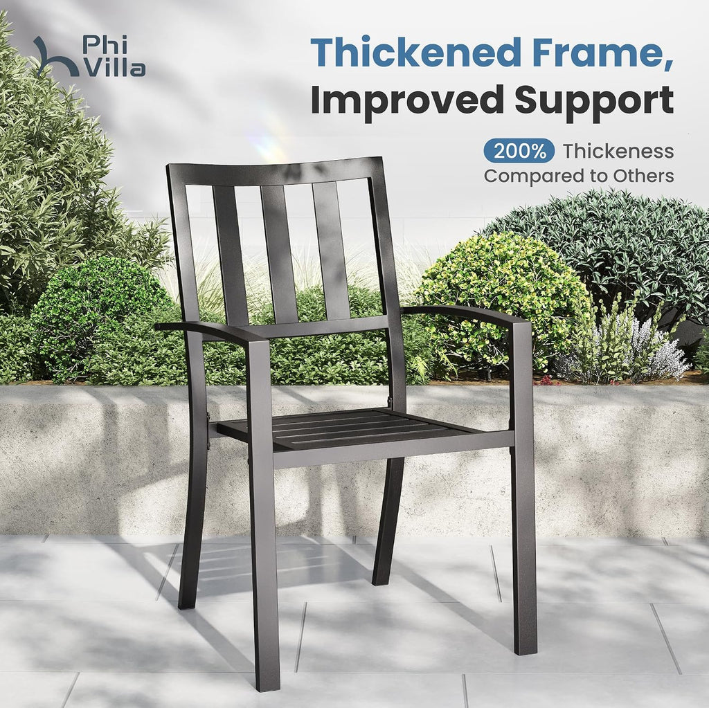 PHI VILLA 7 Piece Outdoor Dining Set for 6, 60' Rectangular Metal Steel Dining Table with Umbrella Hole & Stackable Dining Chairs for Patio, Deck, Yard, Garden