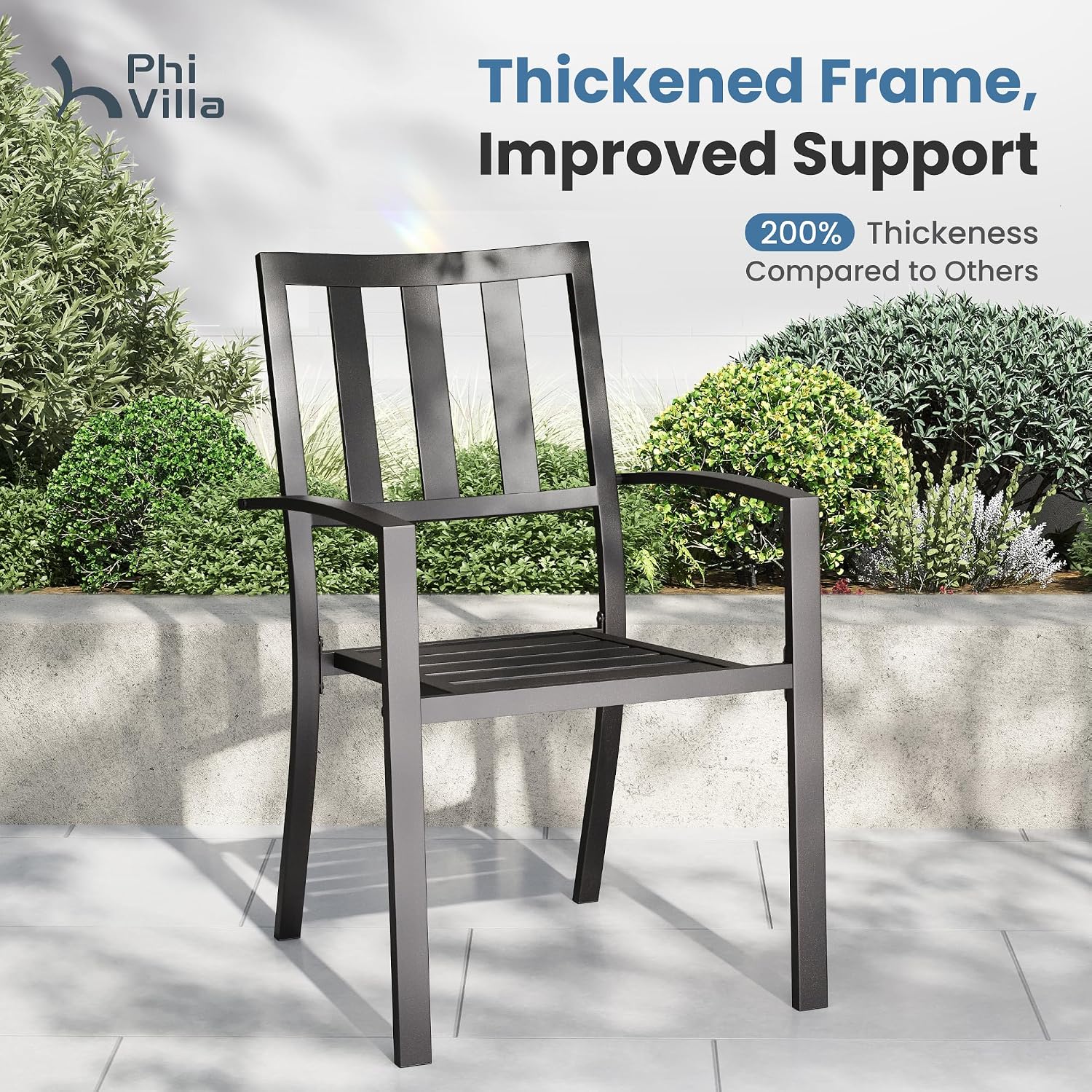 PHI VILLA 7 Piece Outdoor Dining Set for 6, 60' Rectangular Metal Steel Table with Umbrella Hole & Stacking Wrought Iron Chairs, Large Furniture Set for Patio, Deck, Yard - Black