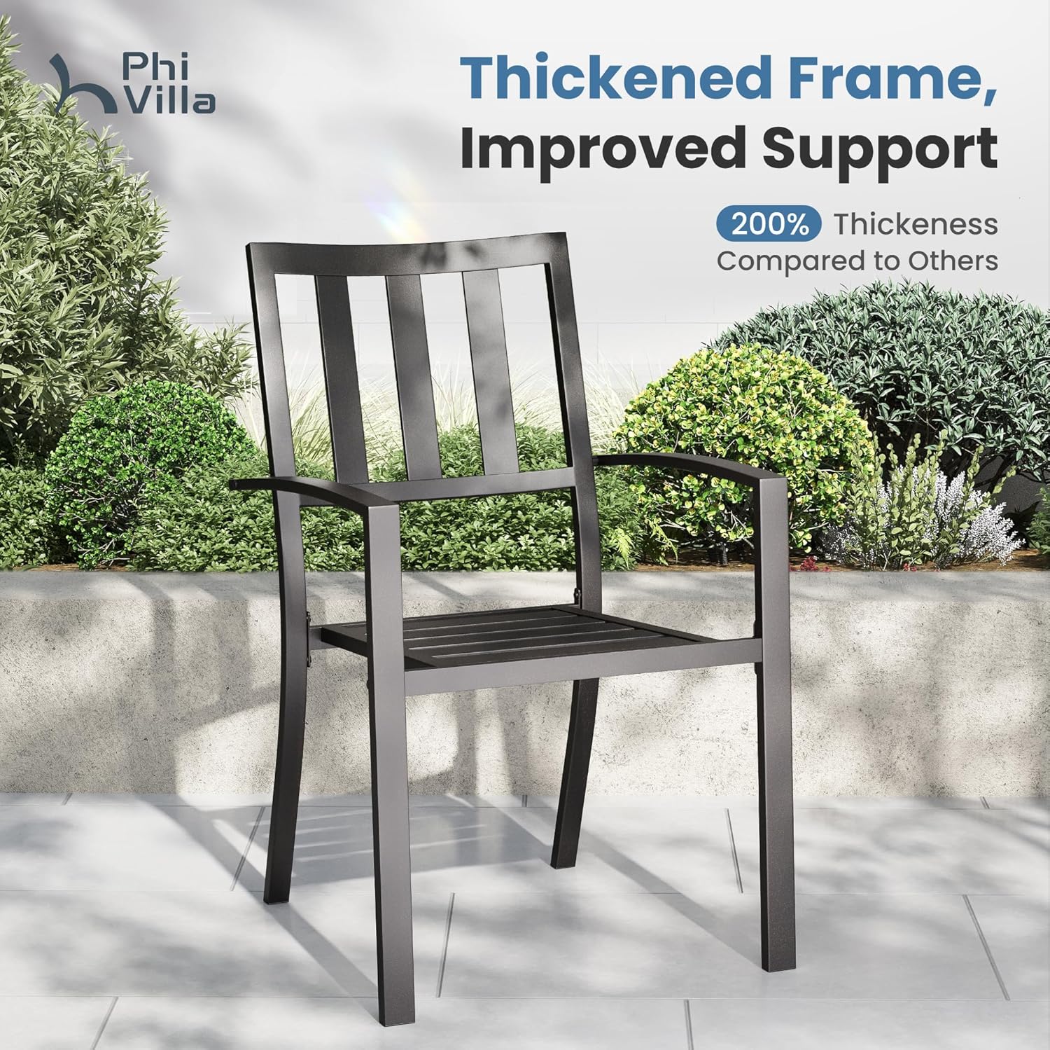 PHI VILLA 5 Piece Outdoor Table and Chairs, Patio Dining Set for 4,37' Black Square Metal Table and Stackable Wrought Iron Chairs with Umbrella Hole for Patio, Deck, Porch, Backyard