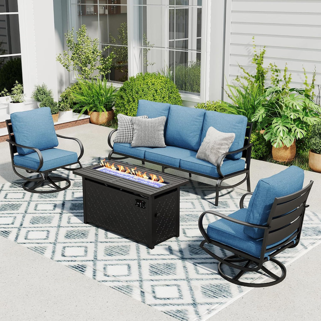 Sophia & William Patio Furniture Sets with 45' Gas Fire Pit Table Outdoor Metal Conversation Sets for 5, 2 x Swivel Cushioned Patio Sofa Chairs, 1 x 3-Seat Sofa 4 Pieces for Lawn Backyard Navy