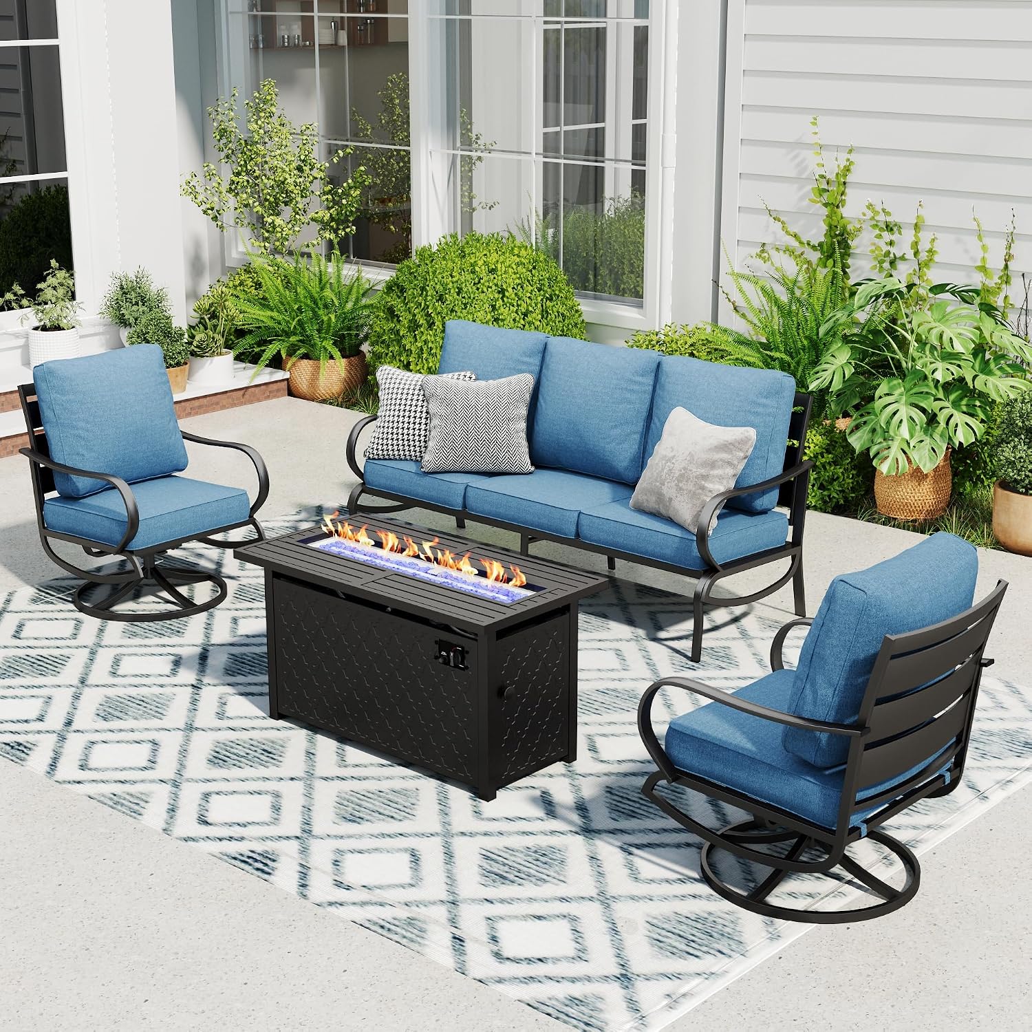 Sophia & William Patio Furniture Sets with 45' Gas Fire Pit Table Outdoor Metal Conversation Sets for 5, 2 x Swivel Cushioned Patio Sofa Chairs, 1 x 3-Seat Sofa 4 Pieces for Lawn Backyard Navy