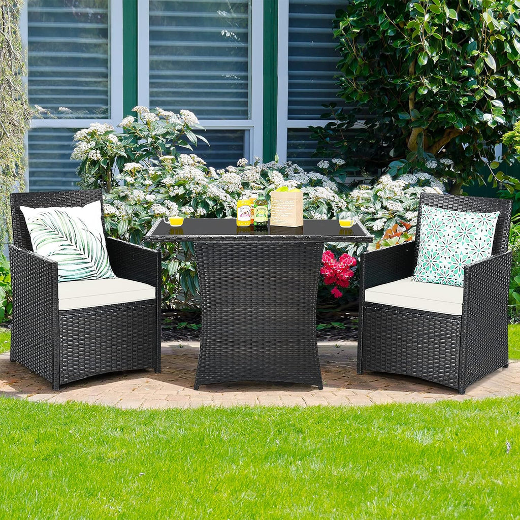 Tangkula 3 Pieces Patio Dining Set, Space-Saving PE Rattan Bistro Set with Tempered Glass Top Table and Cushioned Chairs, Outdoor Conversation Set for Garden Backyard Poolside Porch (White)