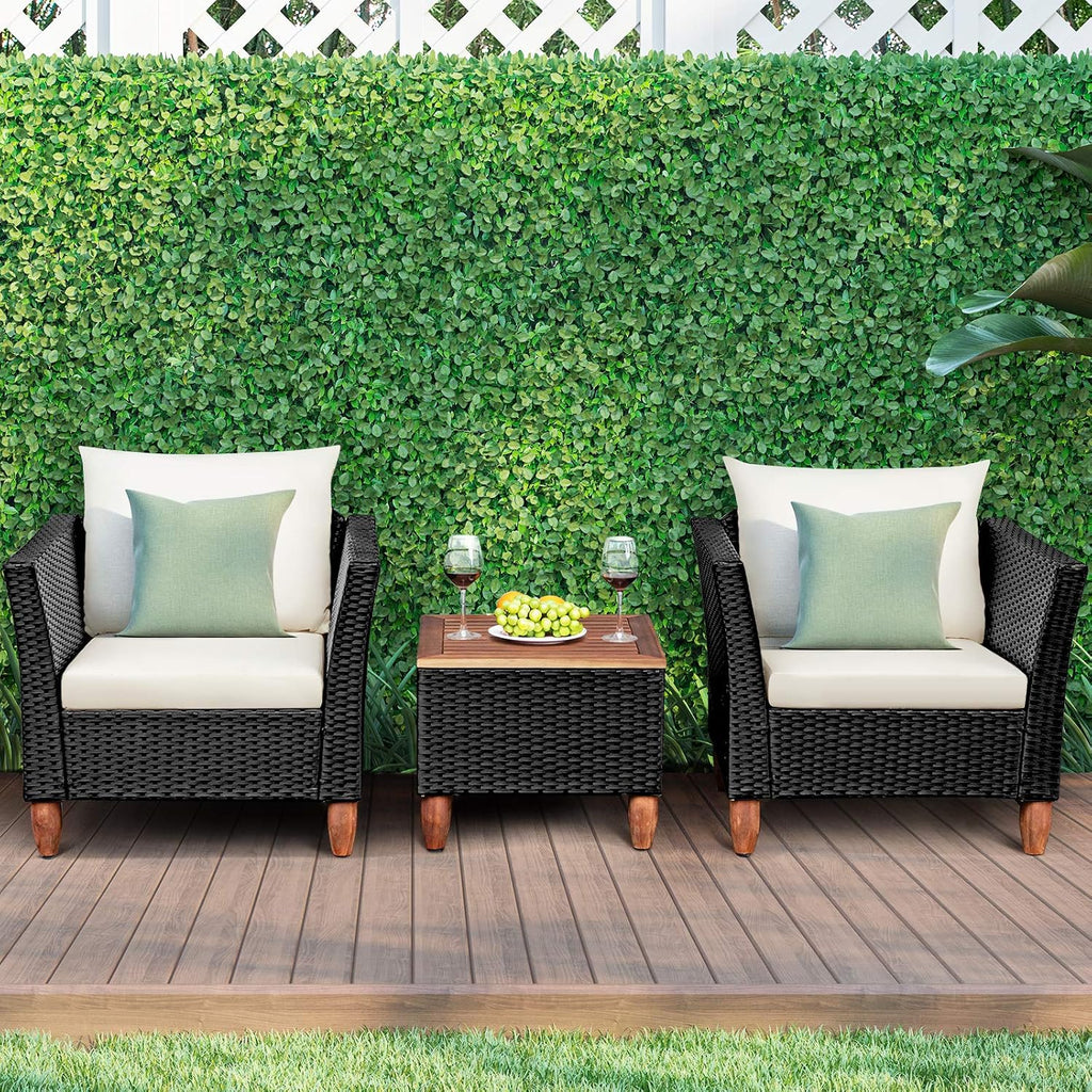 COSTWAY 3 Pieces Patio Rattan Furniture Set, Outdoor Wicker Conversation Chairs Set with Acacia Wood Coffee Table & Washable Cushion, Porch Furniture Bistro Set for Balcony, Garden, Backyard, White