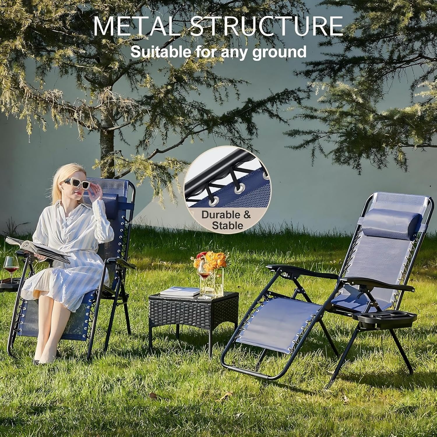 Sweetcrispy Zero Gravity Chairs, Set of 4 Portable Recliner Beach Camping Patio Outdoor Folding Lounge Chair with Cup Holder Trays and Adjustable Pillow for Poolside, Garden, Backyard, Lawn (Blue)