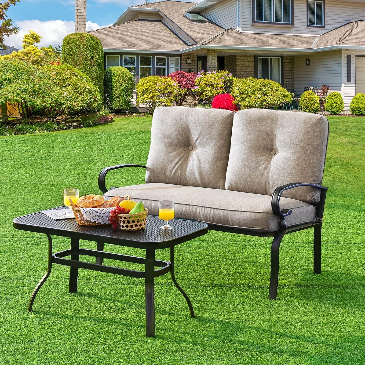 Tangkula Patio Loveseat with Table Set, 2 Seat Cushioned Sofa with Coffee Table, Patio Conversation Sofa Set with Rustproof Frame, 2 Pieces Outdoor Furniture Set for Garden, Poolside, Balcony (Beige)