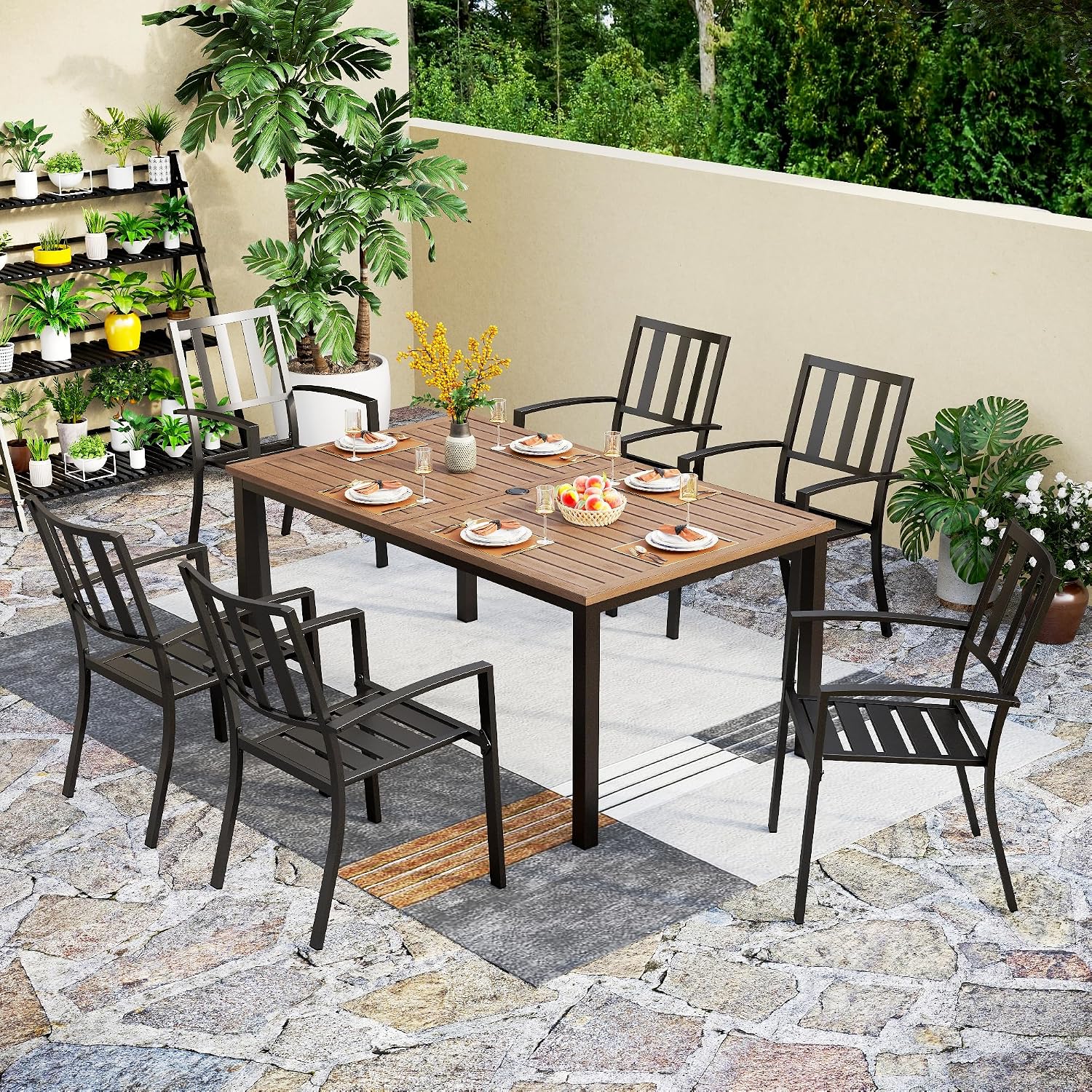 PHI VILLA 7 Pieces Outdoor Dining Set for 6, 65' Brown Wood-Like Metal Steel Dining Table & Stackable Black Iron Chairs, Large Outside Furniture Set for Patio, Deck, Yard, Porch