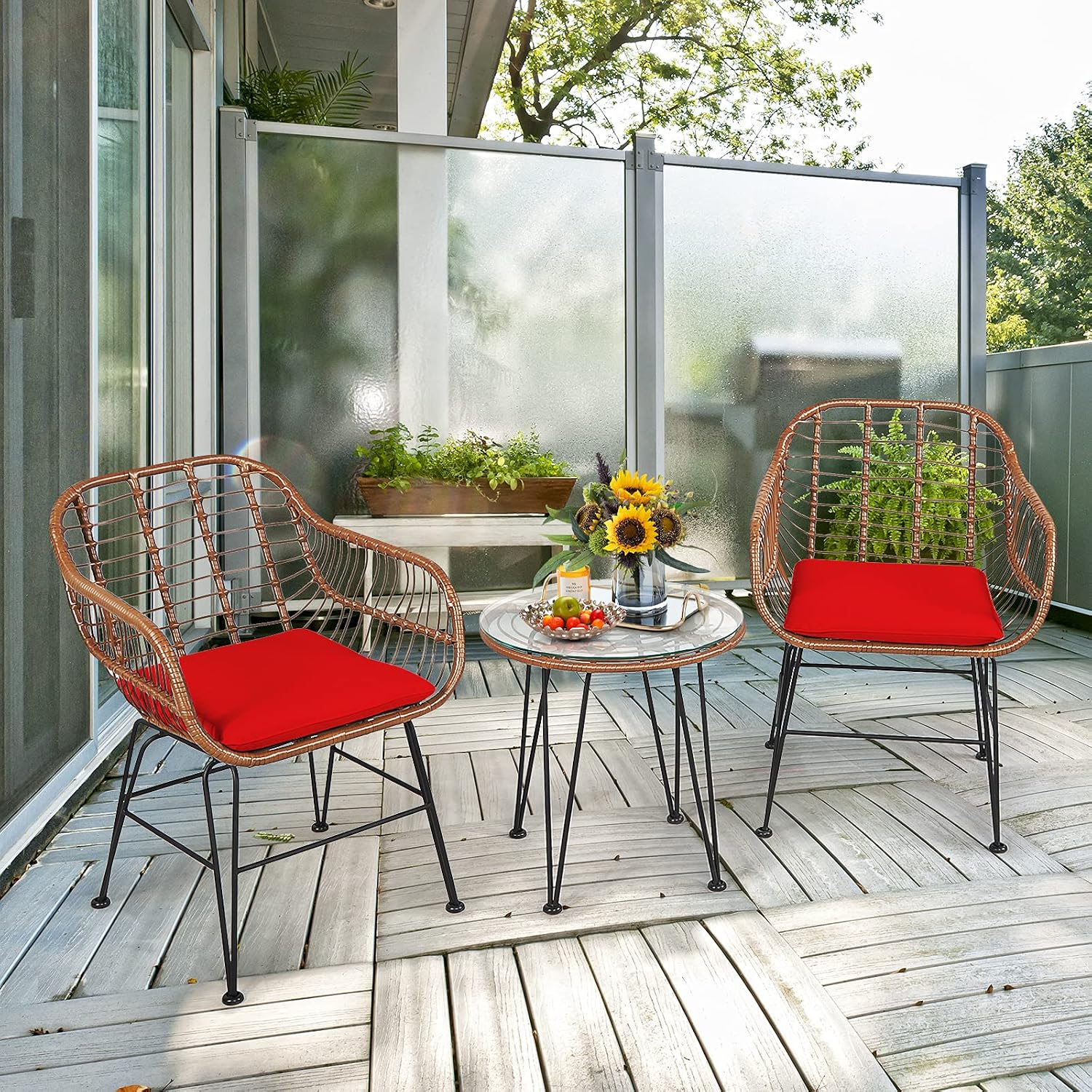 COSTWAY 3 Pieces Patio Bistro Set, Outdoor Rattan Conversation Seating Chair Set with Coffee Table & Soft Cushions, Indoor Wicker Furniture Set for Garden, Balcony, Porch, Pool, Red