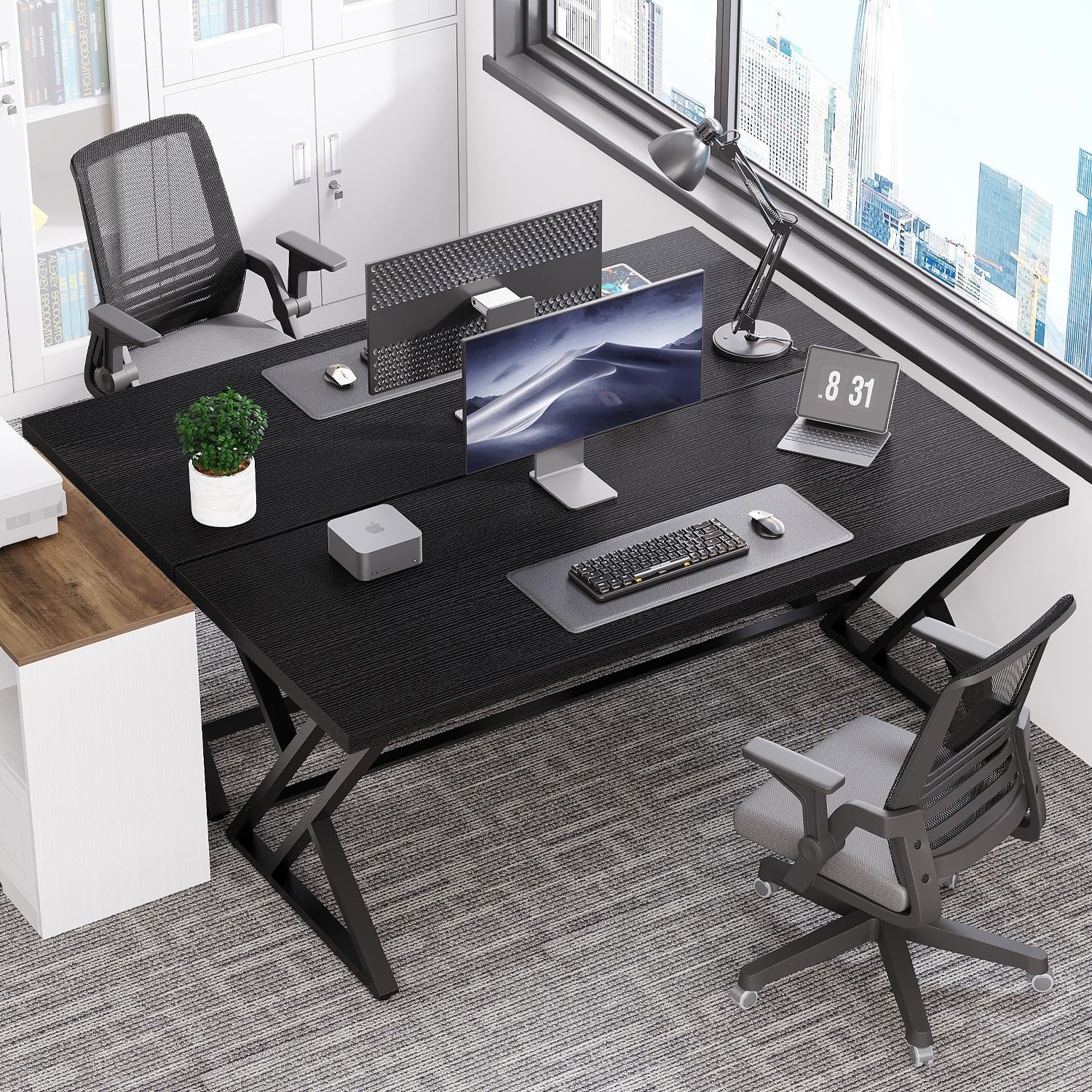 LVB Modern Black Computer Desk, Long Industrial Home Office Desk for Student, Large Metal Wood Writing Study Computer Table, Farmhouse Executive Simple Gaming PC Work Desk for Bedroom, Black, 60 Inch