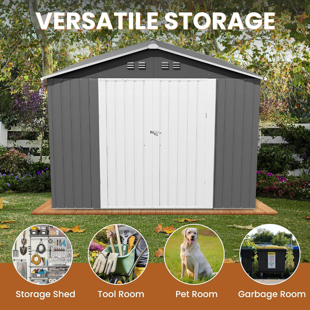 8x12 FT Outdoor Storage Shed Metal Garden Storage Shed Updated Frame Structure with Double Lockable Doors, Steel Anti-Corrosion Tool Sheds Waterproof for Backyard, Pool, Patio, Light Gray