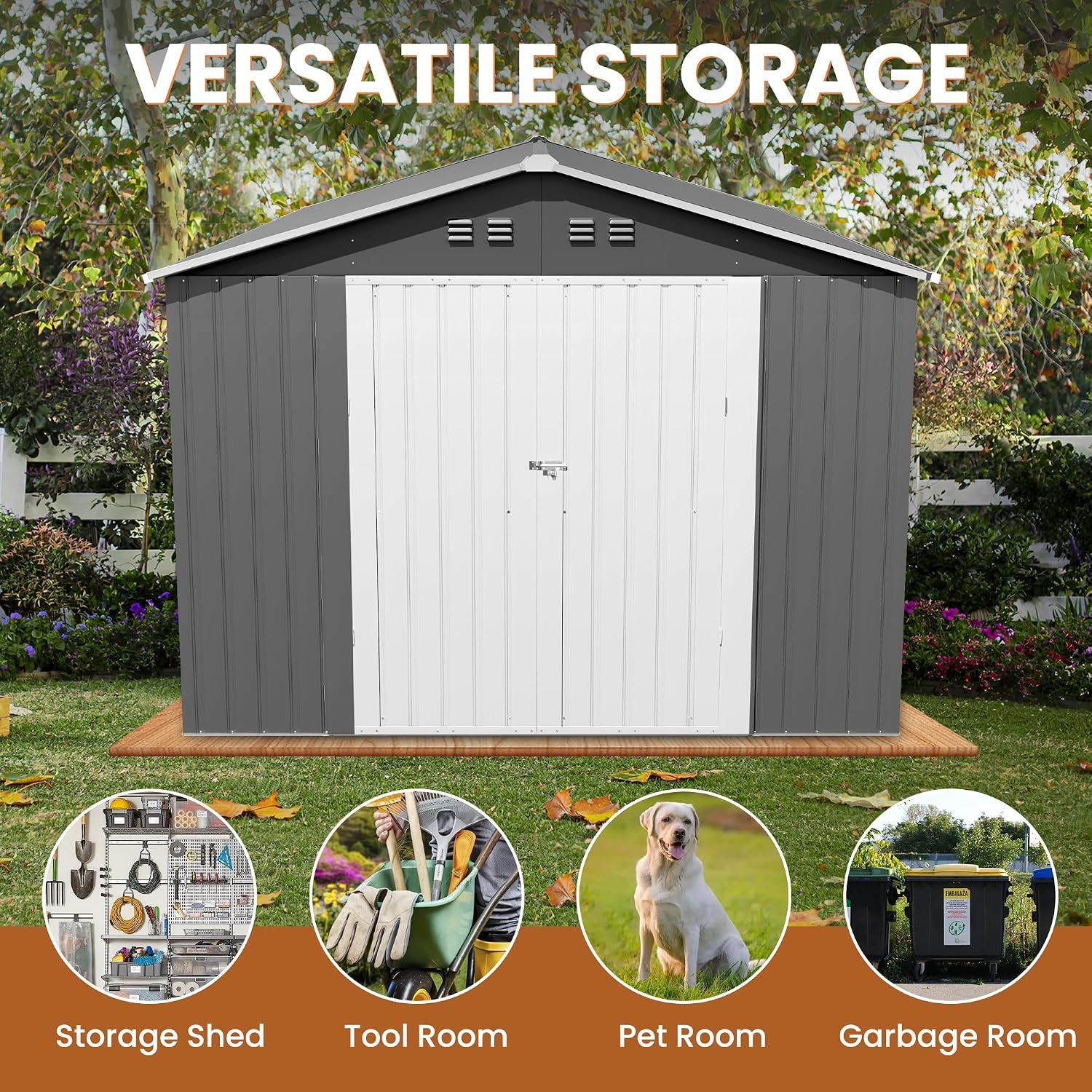 8x12 FT Outdoor Storage Shed Metal Garden Storage Shed Updated Frame Structure with Double Lockable Doors, Steel Anti-Corrosion Tool Sheds Waterproof for Backyard, Pool, Patio, Light Gray
