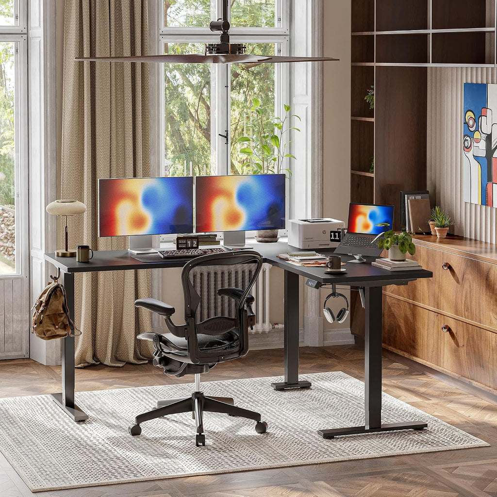 TIQLAB Standing Desk L Shaped, 63x55 Inch Adjustable Height Electric Stand Up Desk, Corner Standing Table with Hooks, Sit Stand Desk with Splice Board, Black