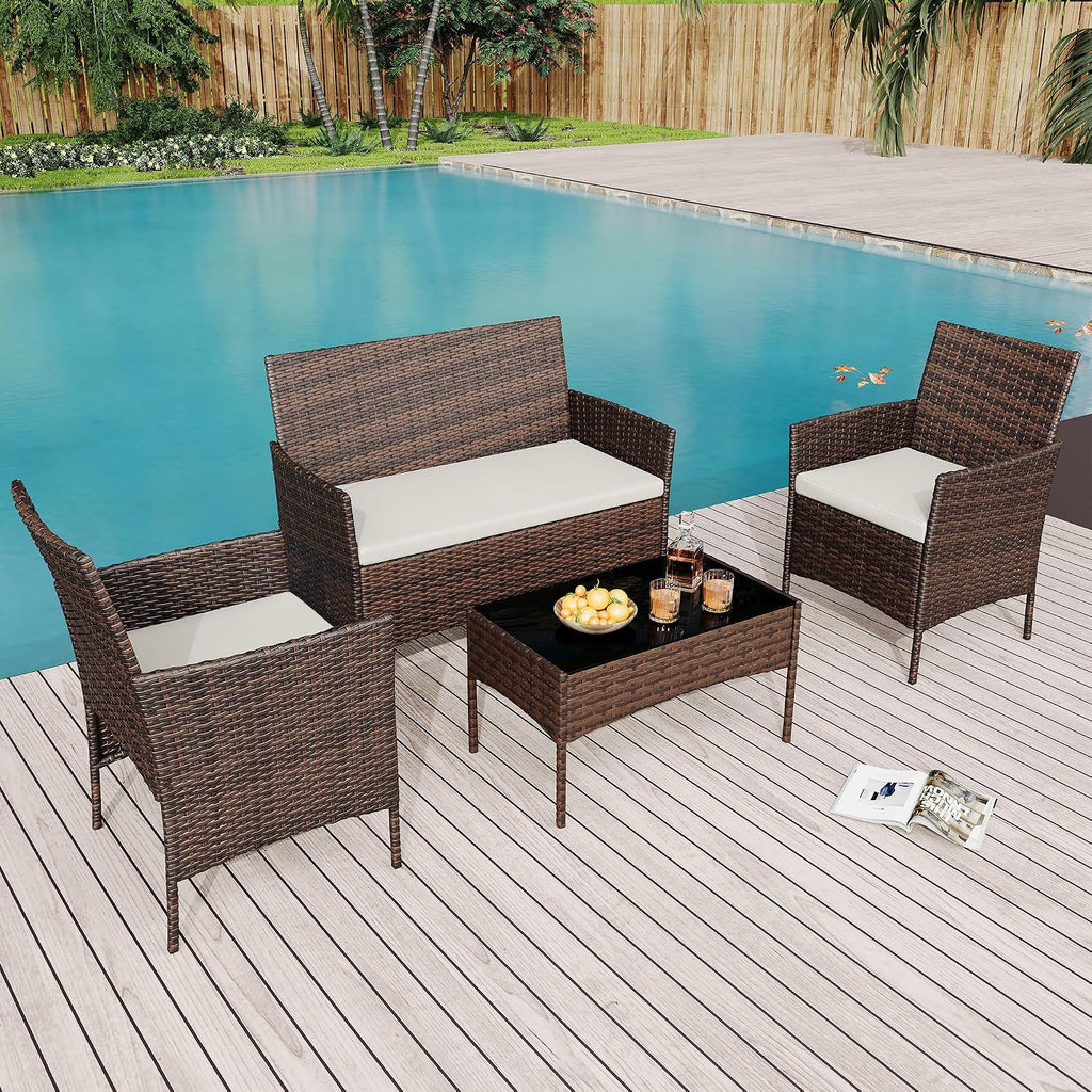 GarveeLife 4-Piece Patio Furniture Set, Rattan Outdoor Furniture with Upholstered Sofa, 2 Chairs & Coffee Table, Modern Conversation Bistro Set for Garden Backyard Porch (Brown and Beige)