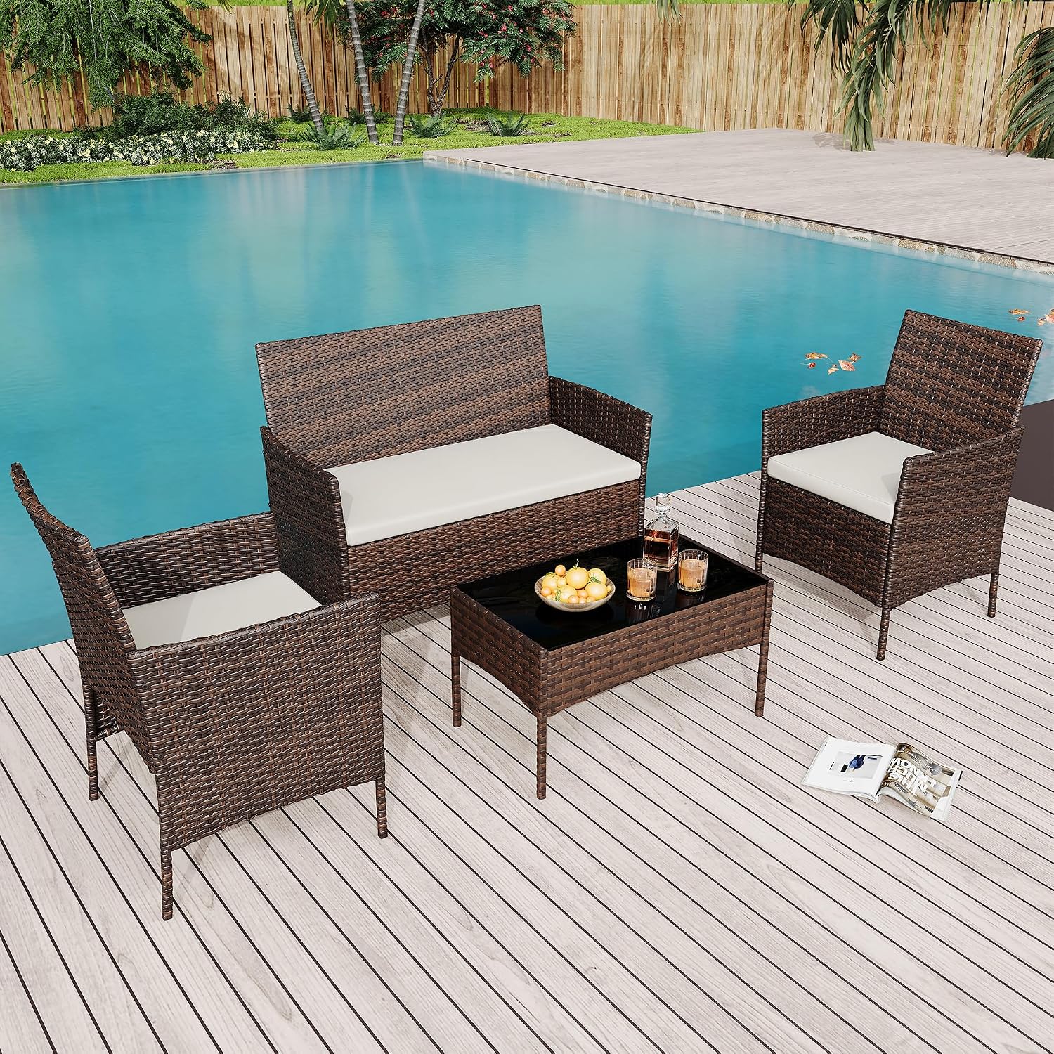 GarveeLife 4-Piece Patio Furniture Set, Rattan Outdoor Furniture with Upholstered Sofa, 2 Chairs & Coffee Table, Modern Conversation Bistro Set for Garden Backyard Porch (Brown and Beige)