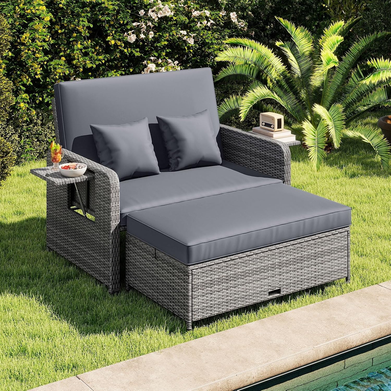 Tangkula Patio Rattan Daybed with 4-Level Adjustable Backrest, Outdoor PE Wicker Loveseat with Storage Ottoman & Folding Side Table, Double Sunbed for Balcony, Backyard & Poolside, Grey