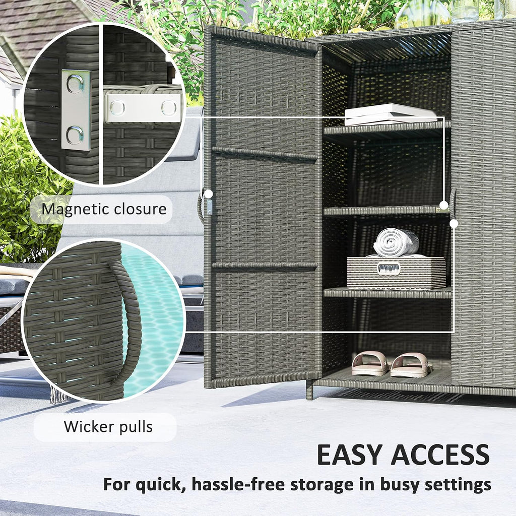 Outsunny Wicker Outdoor Storage Cabinet with Shelves, 4-Shelf Outdoor Pool Towel Cabinet with Two Doors, Rattan Patio Storage Shelves for Garden, Backyard, Porch, Dark Gray