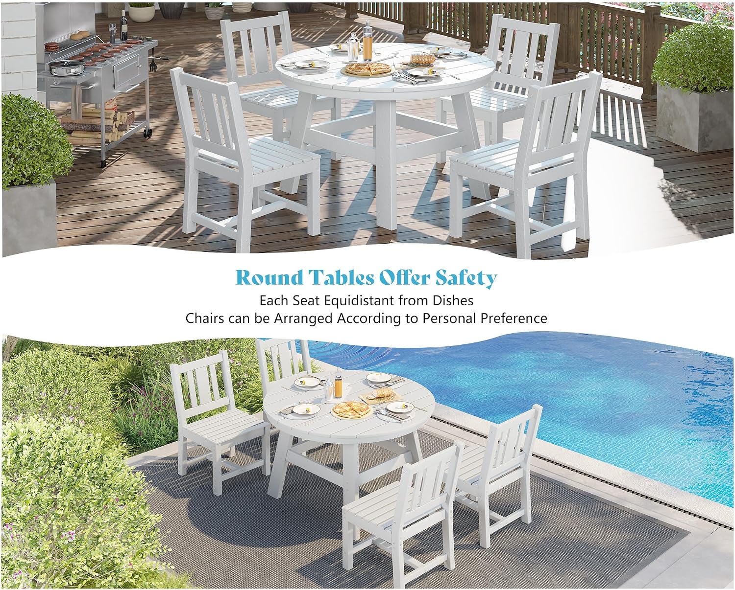 AMERLIFE 5 Piece HDPE Patio Dining Table Set, All-Weather Outdoor Table and Chairs Set Furniture with Umbrella Hole for Garden, Backyard, Poolside, Seaside, White