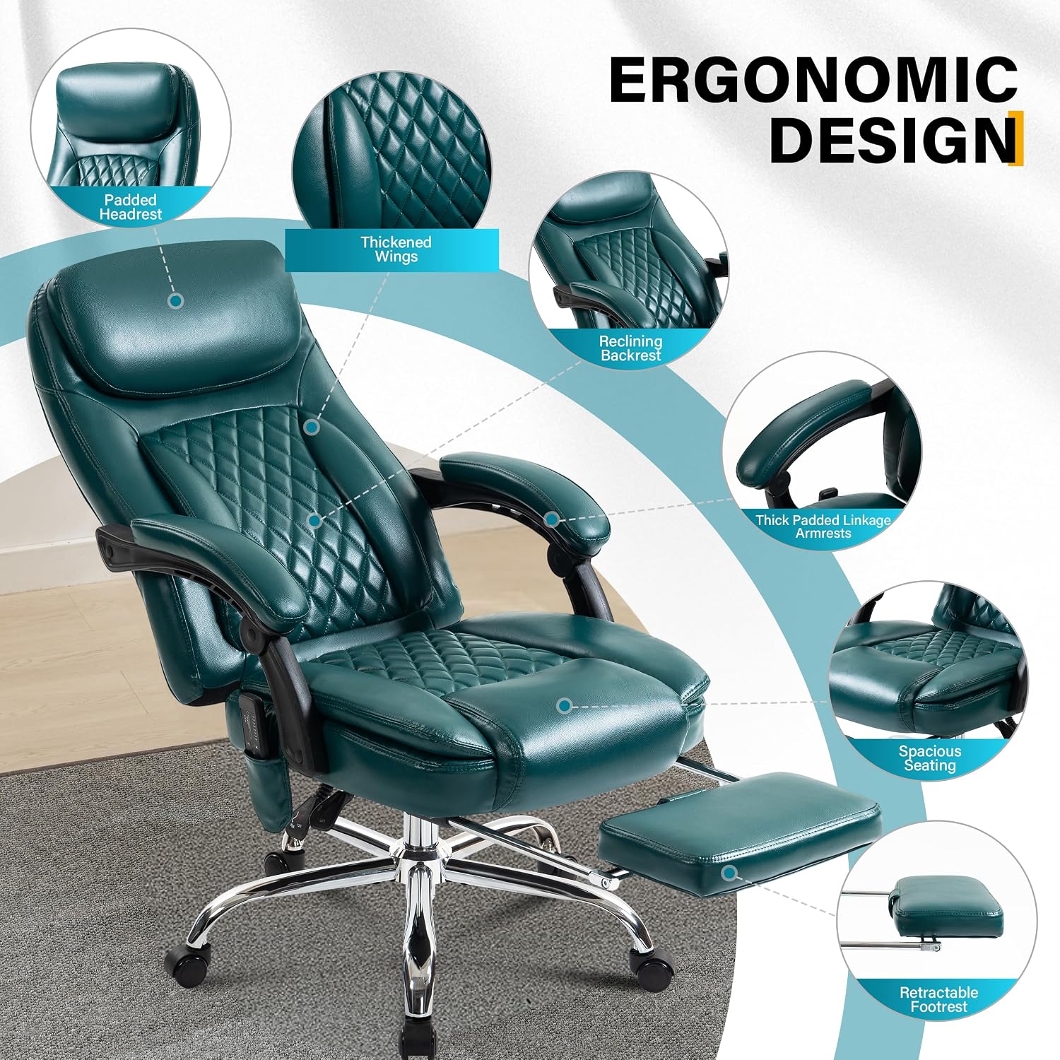 6-Point Massage Office Chair with Heated, Ergonomic Office Chair with Footrest & 45°Reclining High Back, Big and Tall Executive Office Chair 500LBS, Thick Cushion Desk Chair for Home Office, Green(PU)