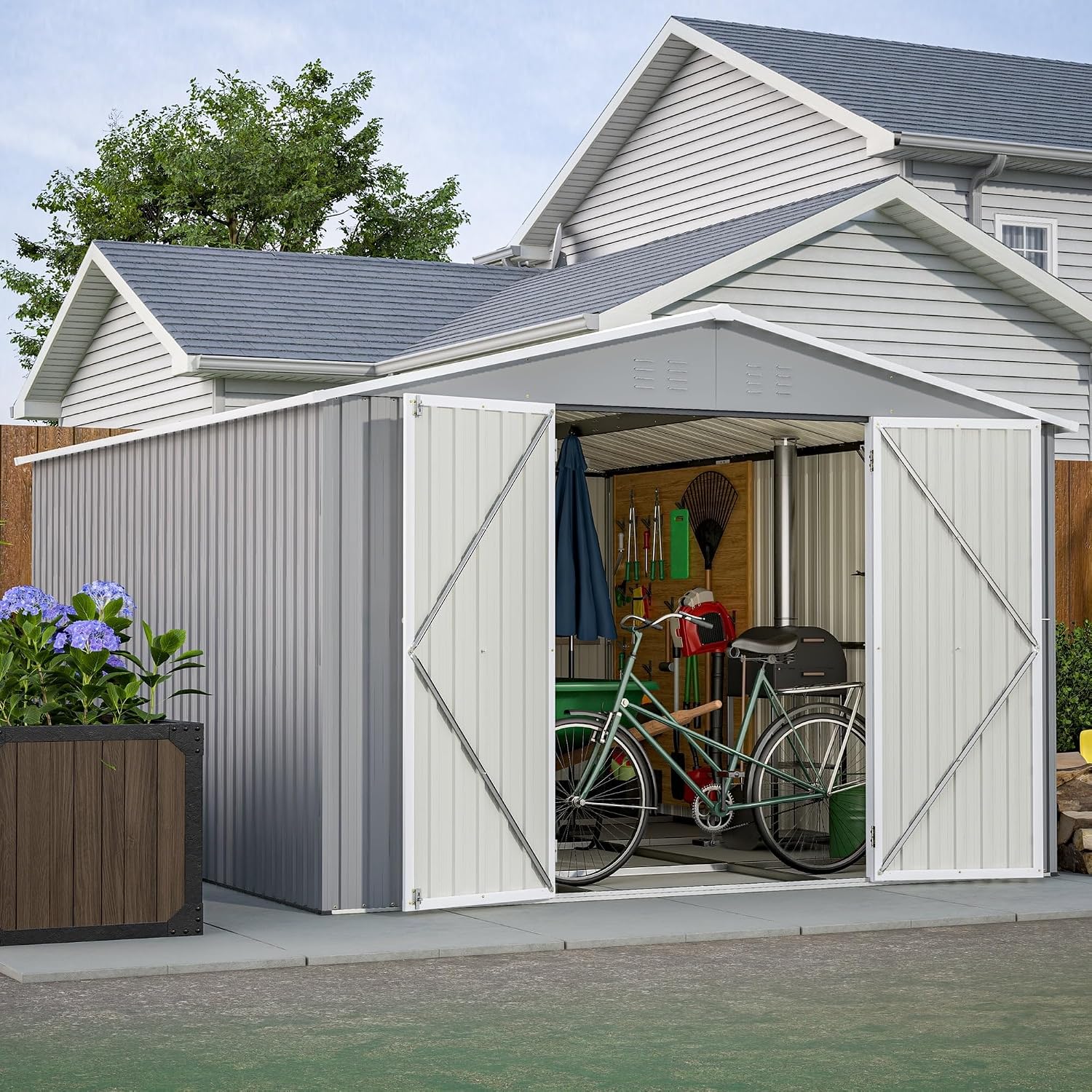 YOPTO 10x12 FT Outdoor Storage Shed with Floor Frame Kit,Metal Shed W/Double Lockable Doors,Garden Tool Storage House W/ 4 Air Vents & Sloped Roof,for Backyard,Patio,Lawn,Gray