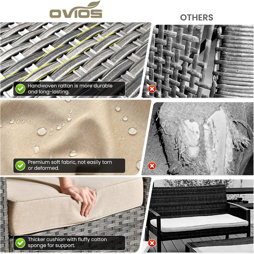 ovios Patio Sofa 3 Pieces Patio Furniture Set Outdoor Wicker Sofa Couch with Ottomans Thick Cushions, All Weather Rattan Conversation Set for Porch Backyard Deck, Beige