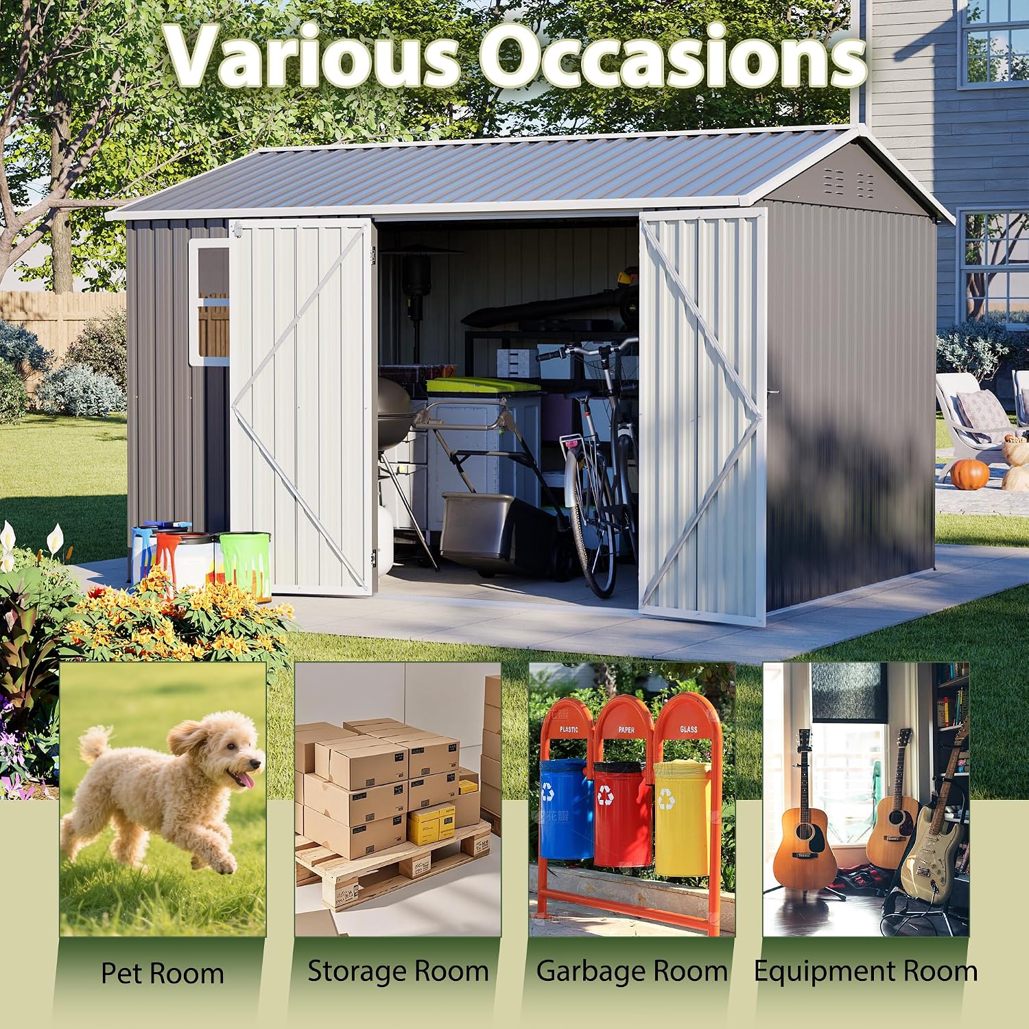8x10FT Sheds & Outdoor Storage Shed with Bright Window and Lockable Doors, Spacious Metal Garden Shed Heavy-Duty Tool Sheds for Backyard, Patio, Lawn, Gray, Galvanized Steel