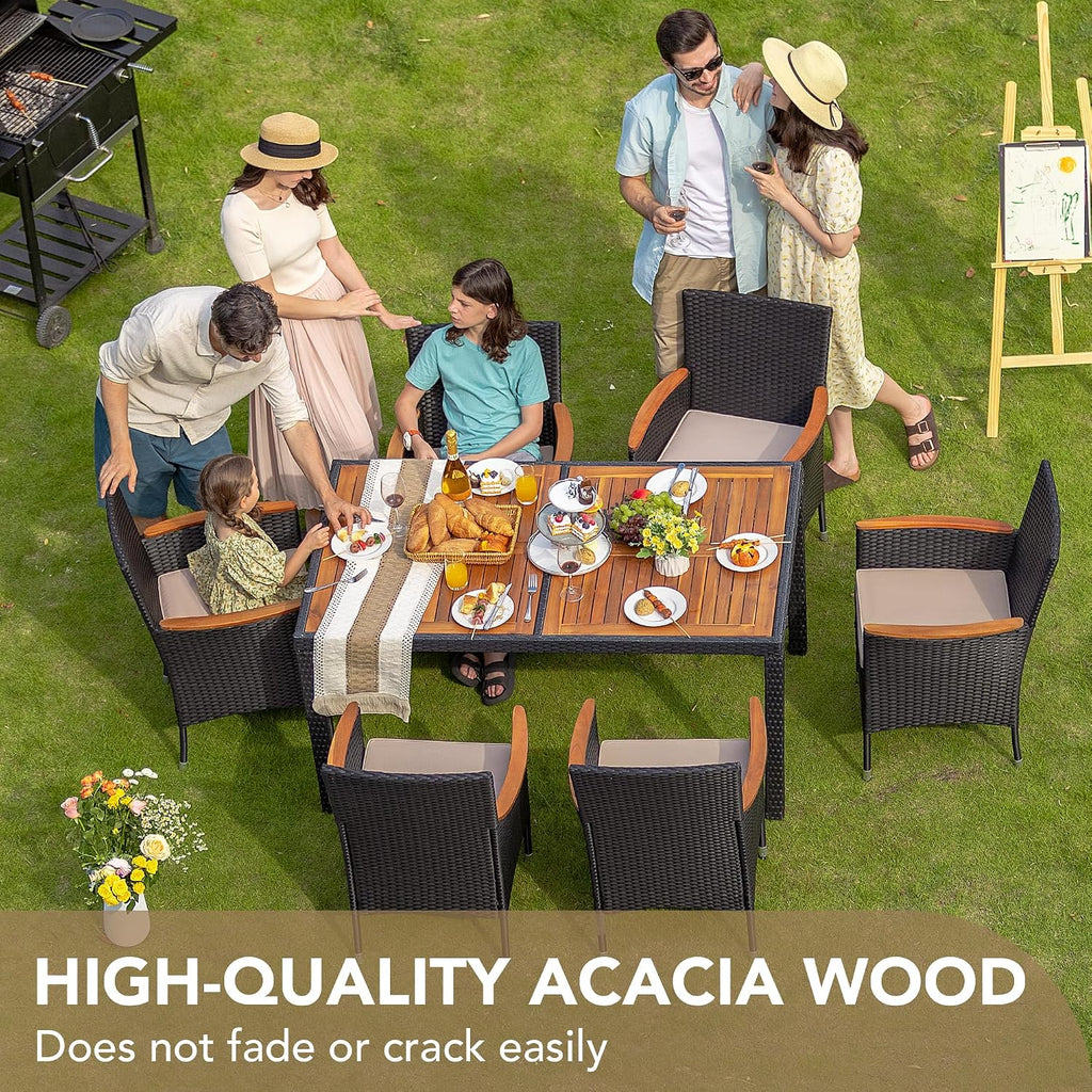 Devoko Dining 7 PCS Furniture, Patio Conversation Set with Acacia Wood Table Top, Outdoor, Beige Cushion and Black Rattan