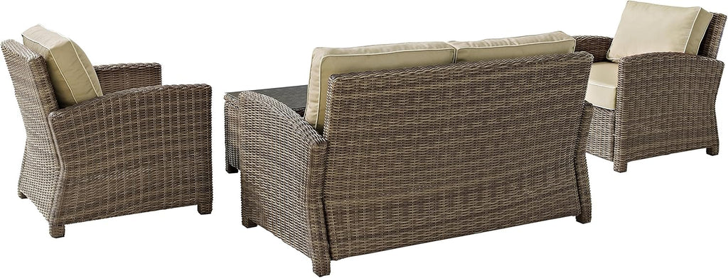 Crosley Furniture Bradenton 4-Piece Outdoor Loveseat Patio Furniture Set, Wicker Conversation Sets for Porch, Brown with Sand Cushions