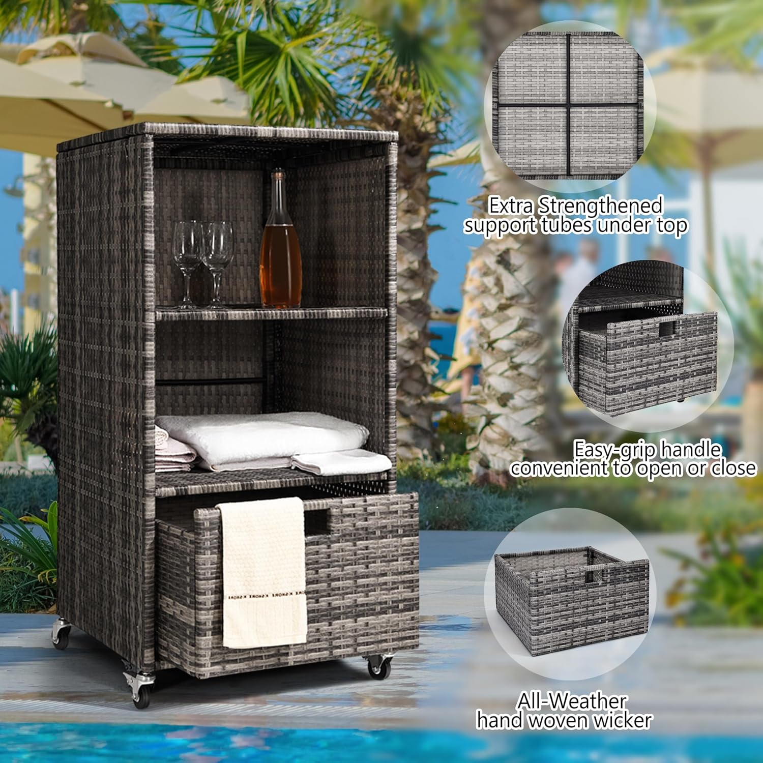 Outdoor Towel Rack for Pool Outdoor Pool Towel Storage Cabinet with Shelf & Drawer Pool Towel Holder with Rolling Wheels Hot Tub Towel Rack w/Waterproof Cover Poolside Towel Valet Caddy for Spa Grey