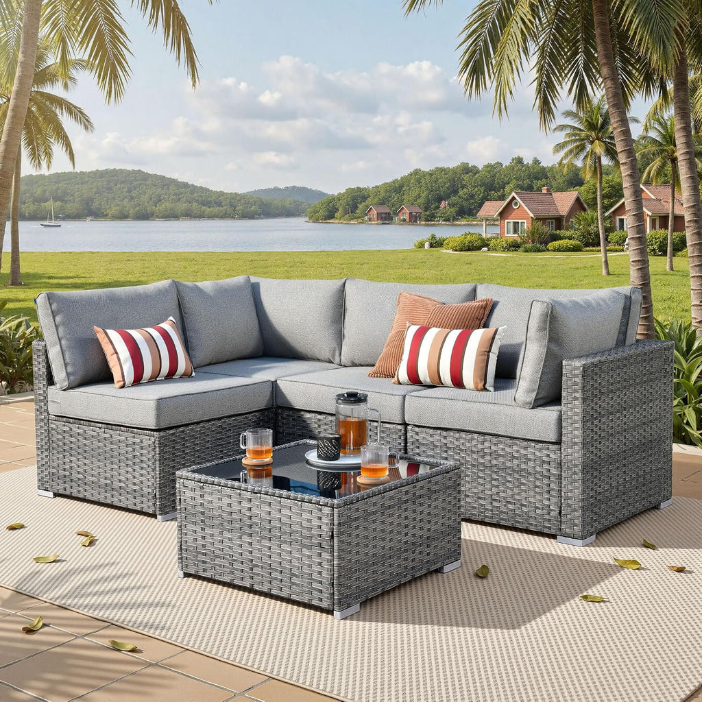 ovios Outdoor 5 Piece Coversation Set with Coffee Table,Sectional Patio Furniture Set with All-Weather Wicker Sofa,Modern Outside Couch for Balcony Backyard Pool, Grey