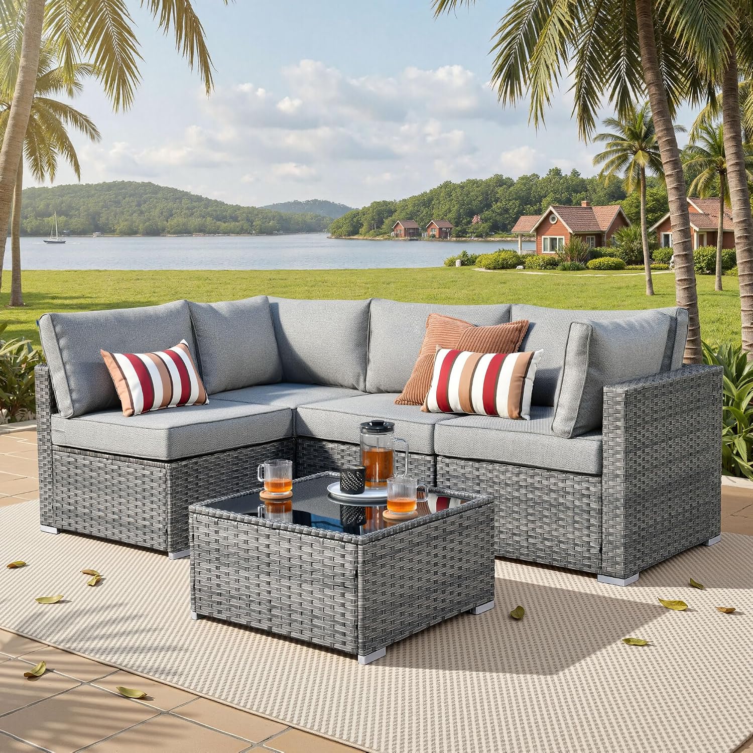 ovios Outdoor 5 Piece Coversation Set with Coffee Table,Sectional Patio Furniture Set with All-Weather Wicker Sofa,Modern Outside Couch for Balcony Backyard Pool, Grey