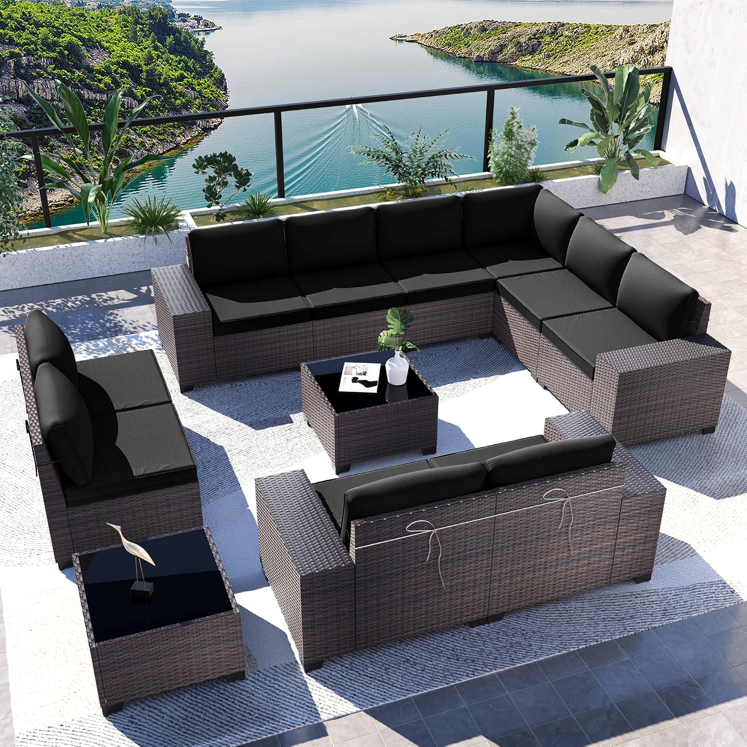 Kullavik Outdoor Patio Furniture Set,12 Pieces Sectional Rattan Sofa Set Brown PE Rattan Wicker Patio Conversation Set with 10 Seat Cushions and 2 Tempered Glass Coffee Table,Black