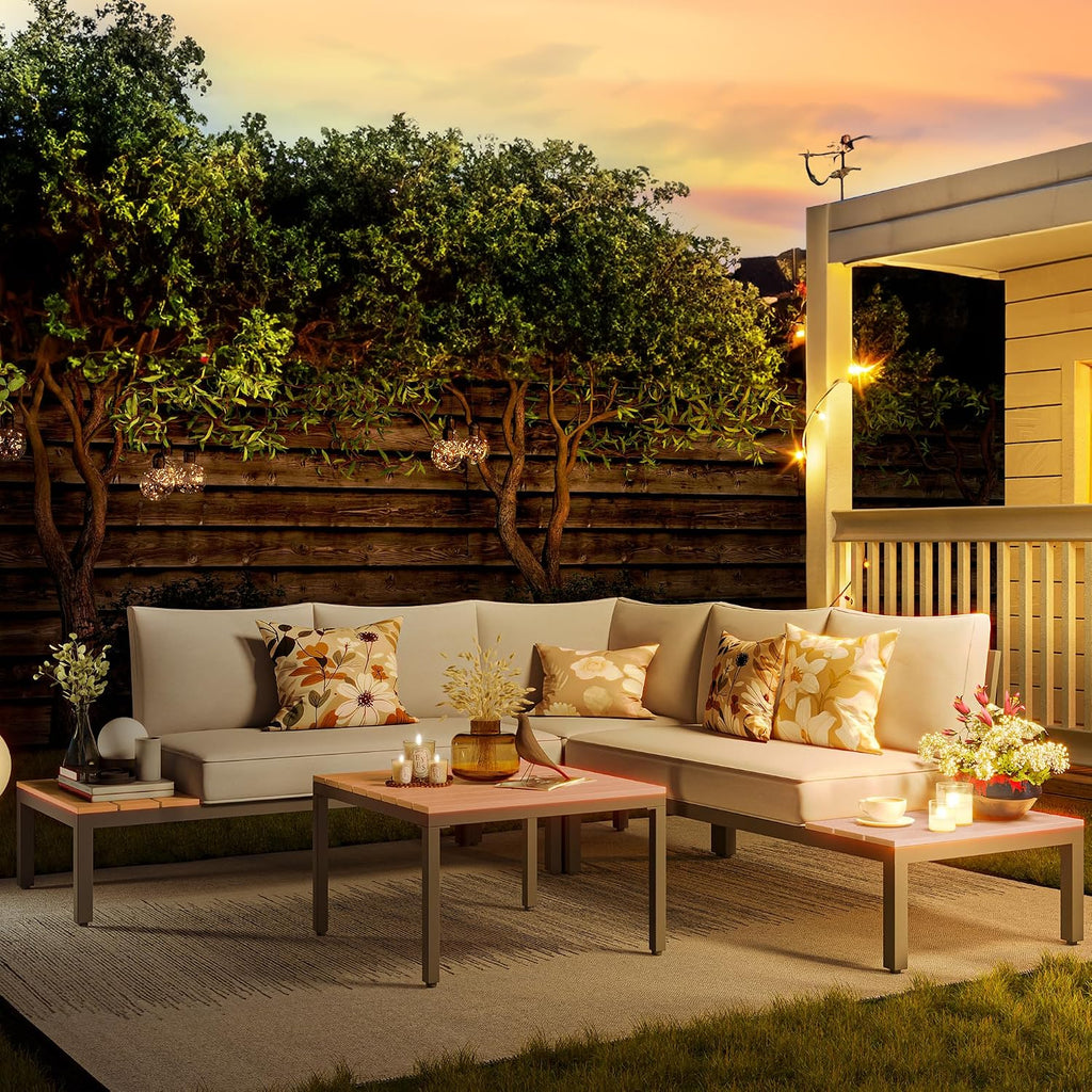 NATURAL EXPRESSIONS Patio Furniture Sets, L Shape Patio Sectional Metal Outdoor Sectional Corner Sofa Outdoor Couch with Detachable Backrest,3 Fauxwood Tables,5' Grey Olefin Cushions