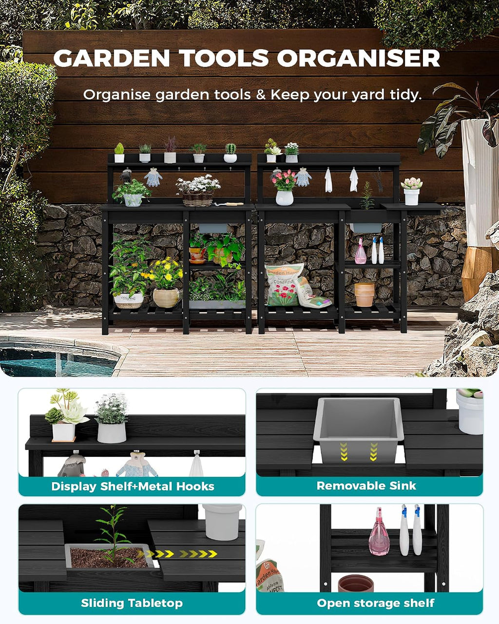 SERWALL Outdoor Potting Bench with Removeable Sink,Rot-Resistant HDPE Potting Table for Outside Gardening, All Weather Use - Black