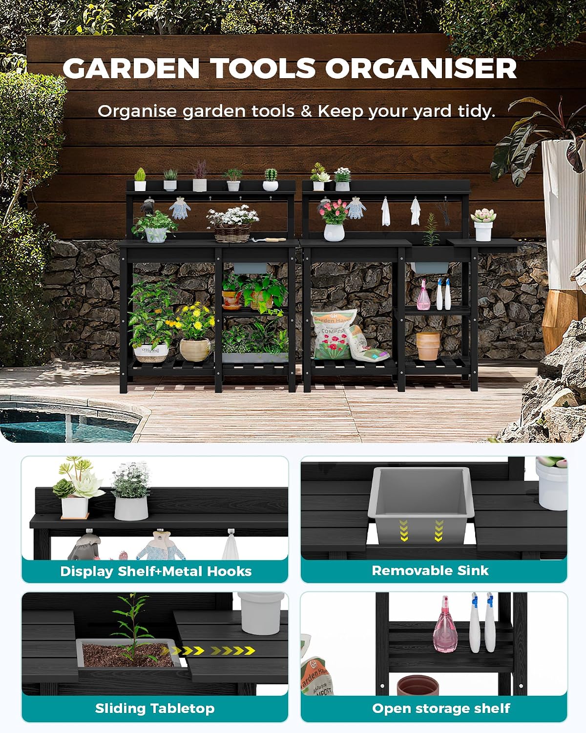 SERWALL Outdoor Potting Bench 2-Piece Set, Rot-Resistant HDPE Potting Table with Removable Sink for Outside Gardening, All-Weather Use - Black
