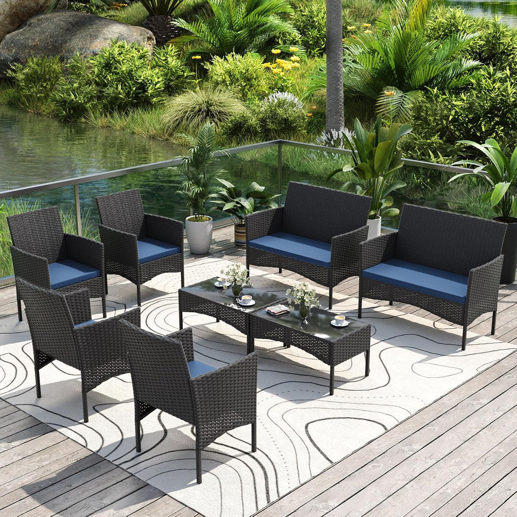 Gotland 8 Pieces Patio Furniture Set, Wicker Outdoor Furniture with 4 Chairs 2 Loveseats 2 Glass Coffee Tables, Weather-Resistant Patio Set, Conversation Set for Backyard Pool Porch Navy
