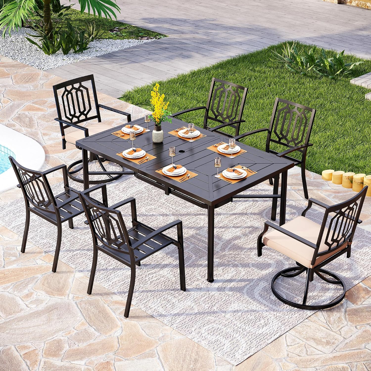 PHI VILLA 7 Pieces Outdoor Dining Set for 6, 60' Black Rectangular Metal Table with Umbrella Hole & Fixed Swivel Chairs Combo, Heavy-Duty Furniture for Patio, Deck, Backyard, Porch