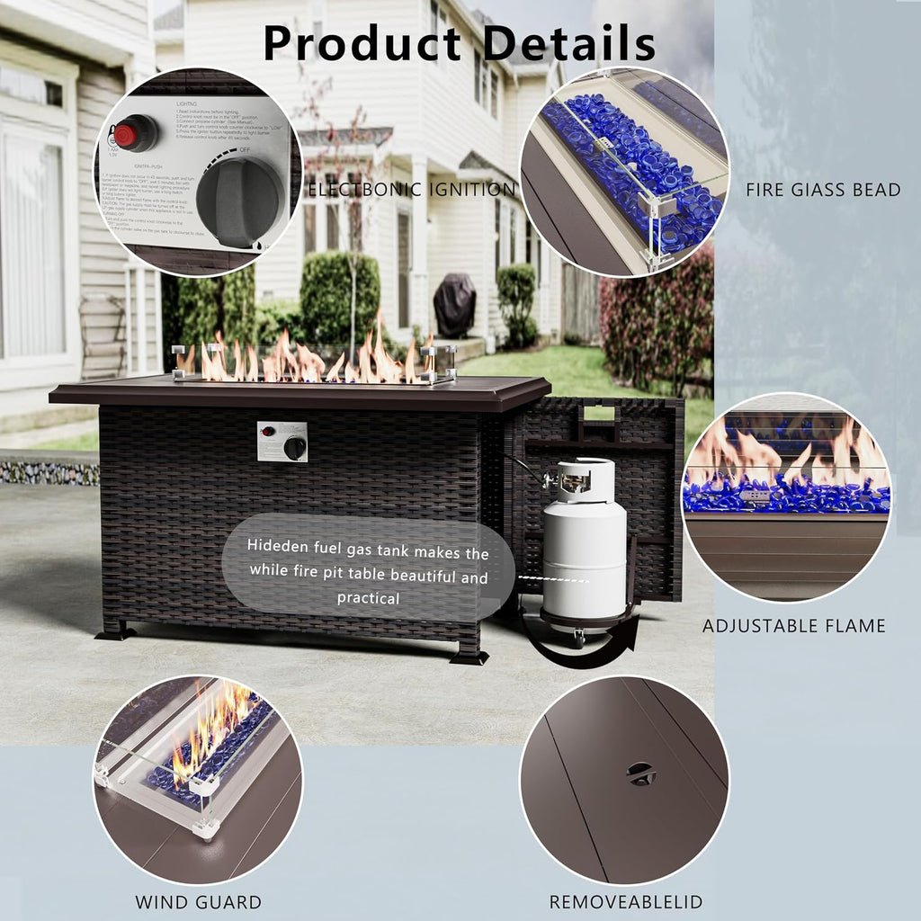 Outdoor Patio Furniture with Fire Pit Table, 6 Pieces Outdoor Furniture Patio Sectional Sofa PE Rattan Conversation Sets w/43 Propane Gas Firepit & Coffee Table for Outside - Brown.