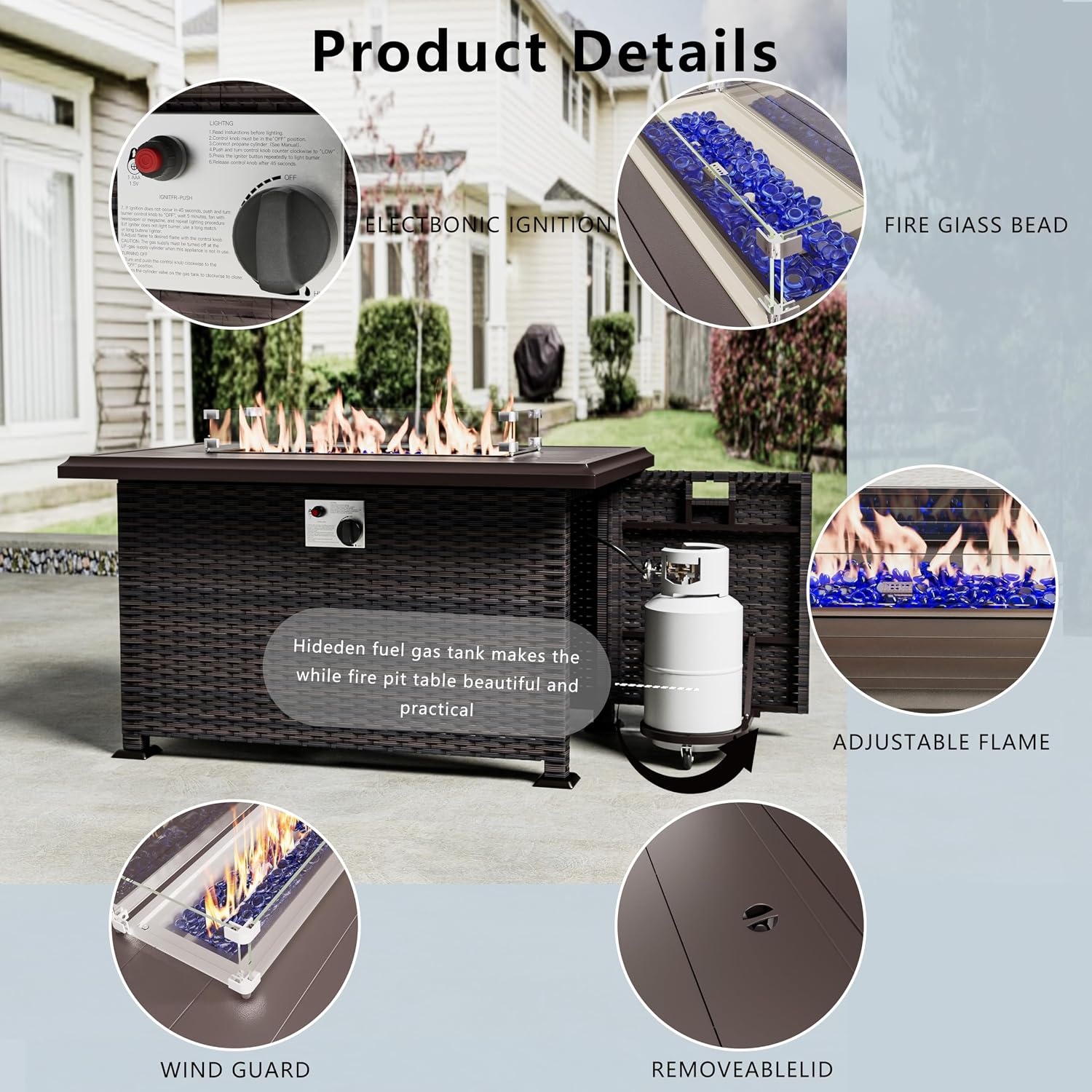 Outdoor Patio Furniture with Fire Pit Table, 6 Pieces Outdoor Furniture Patio Sectional Sofa PE Rattan Conversation Sets w/43 Propane Gas Firepit & Coffee Table for Outside - Brown.