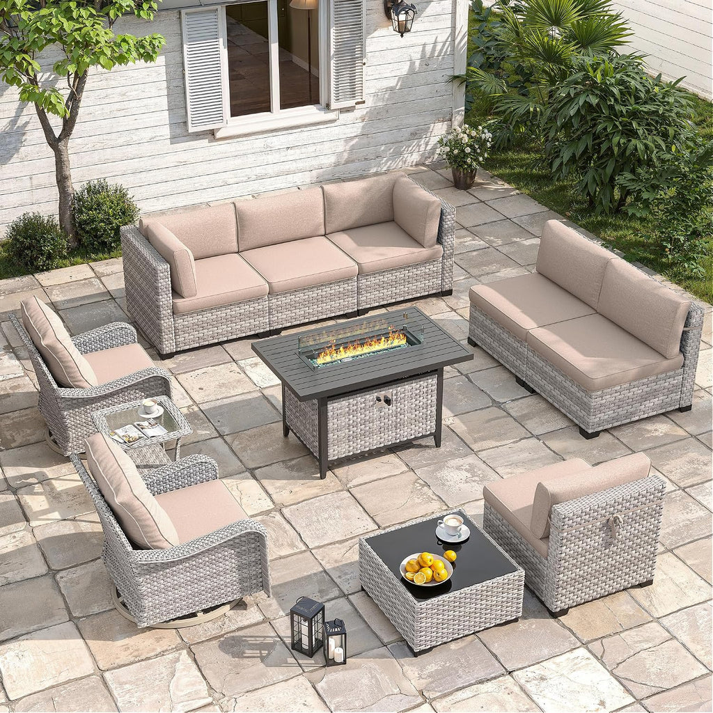 8-Seat Outdoor Wicker Patio Furniture Set with Fire Pit Table, Modular Rattan Sectional Sofa & 2 Swivel Rocking Chairs, 4' Thick Cushions, Rust-Resistant Frame,Beige