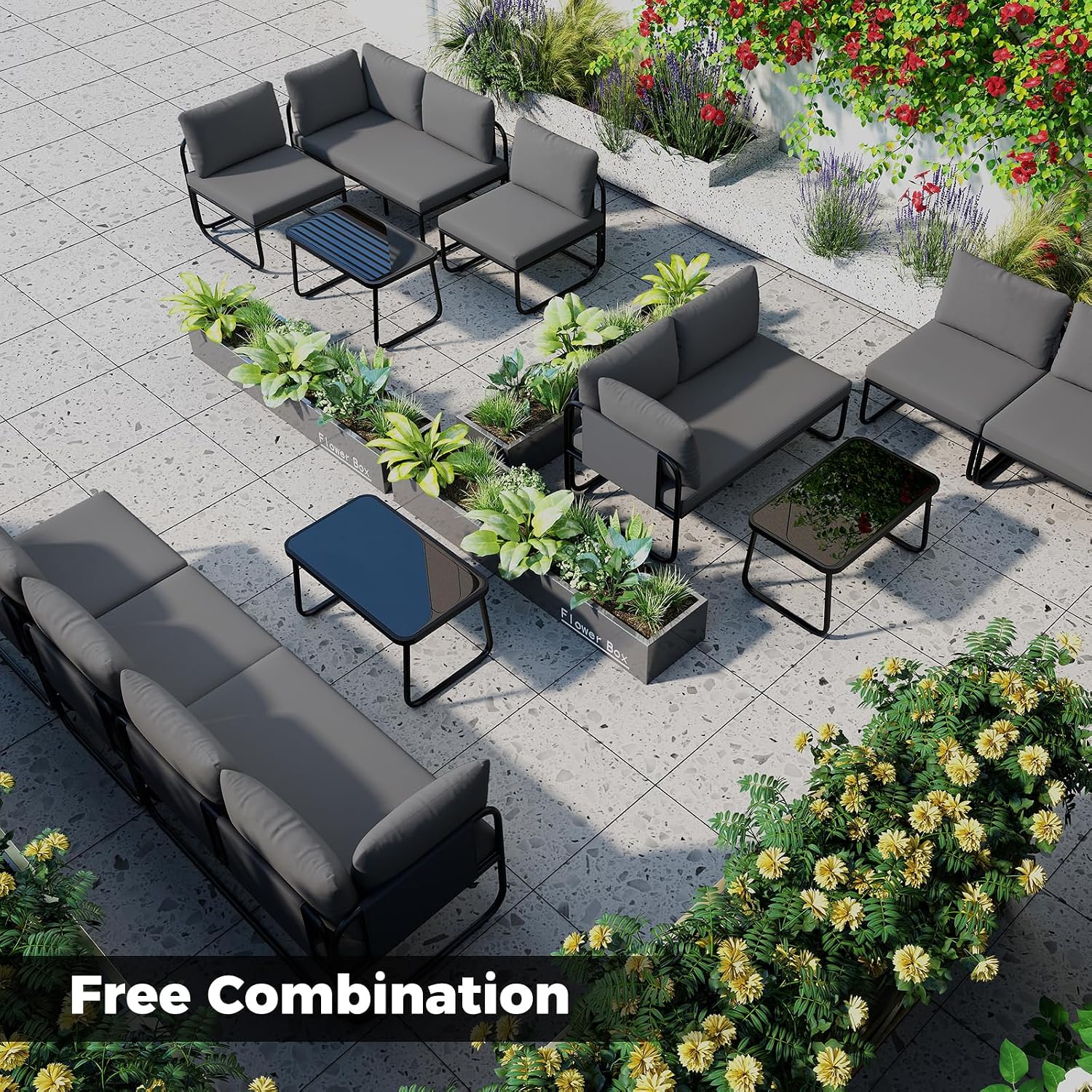 Tangkula 4 Pieces L Shaped Patio Furniture Set, Outdoor Metal Sectional Sofa Couch with Cushions and Tempered Glass Coffee Table, Outside Conversation Set for Garden, Deck and Yard (Gray,2)
