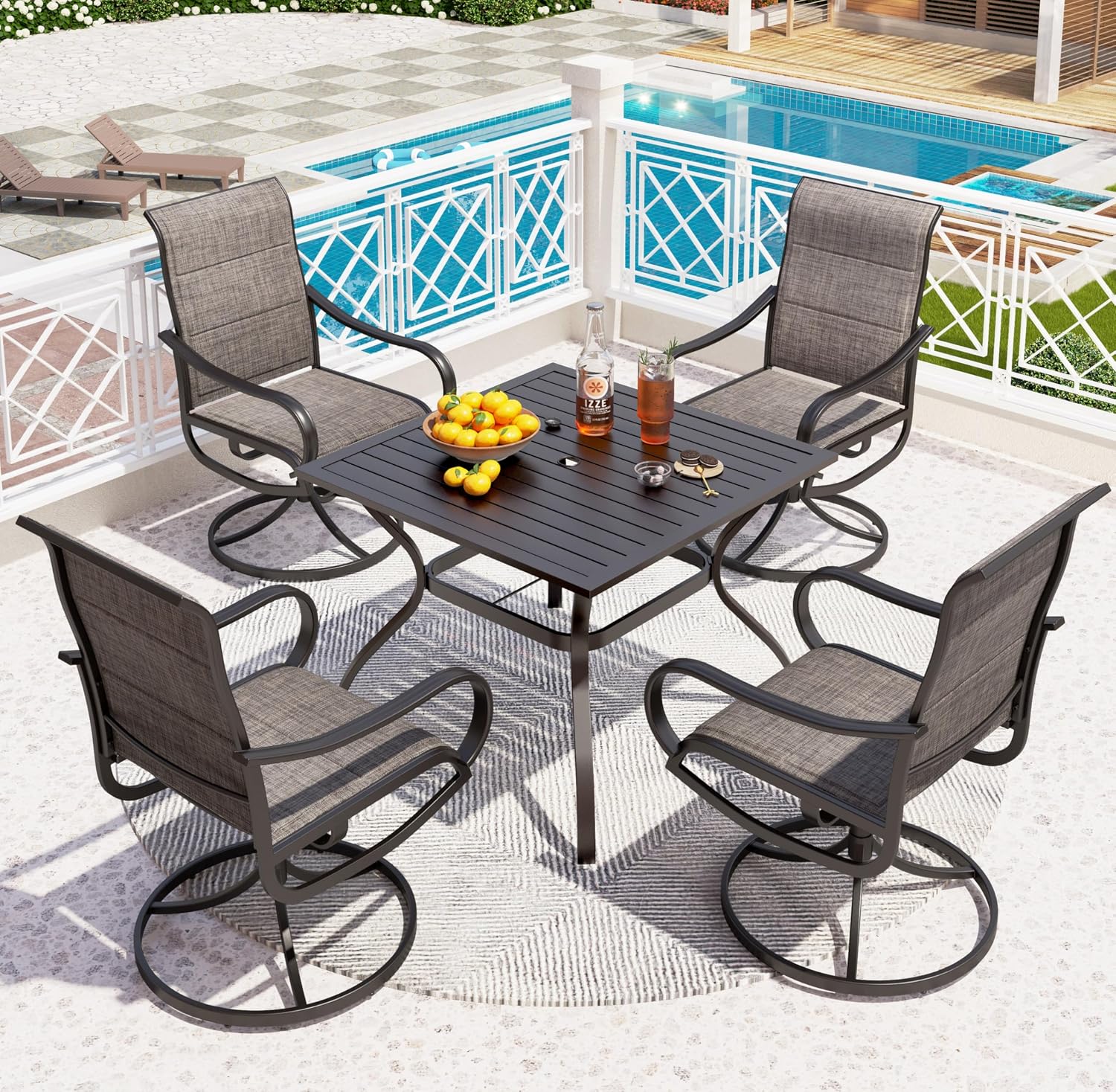 PHI VILLA 5 Piece Patio Dining Set with 4 Padded Outdoor Swivel Dining Chairs and 37'x 37' Metal Steel Dining Table with Umbrella Hole, Outdoor Dining Table and Chairs Set for Deck Pool Lawn