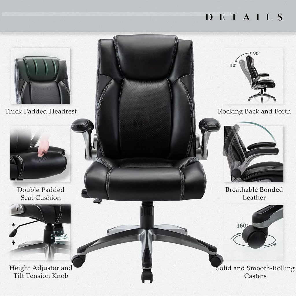 COLAMY Office Desk Chair, Ergonomic Computer Chair with Padded Flip-Up Arms and Thick Cushion, Leather office chair with High Back Adjustable Height and Tilt for Working for Working, Study, Gaming,2PC