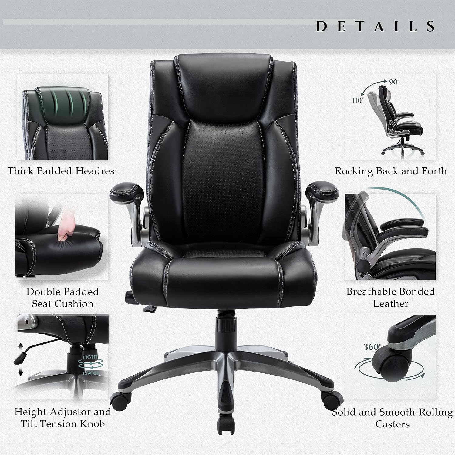 COLAMY Office Desk Chair, Ergonomic Computer Chair with Padded Flip-Up Arms and Thick Cushion, Leather office chair with High Back Adjustable Height and Tilt for Working for Working, Study, Gaming,2PC
