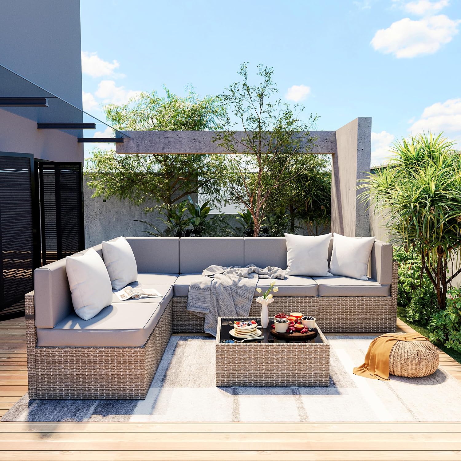 Pamapic 7-Piece Outdoor Sectional Furniture Set, All-Weather Wicker Patio Sofa with Washable Cushions, Gray Waterproof Rattan Conversation Set for Backyard, Poolside, Garden (Gray Cushions)
