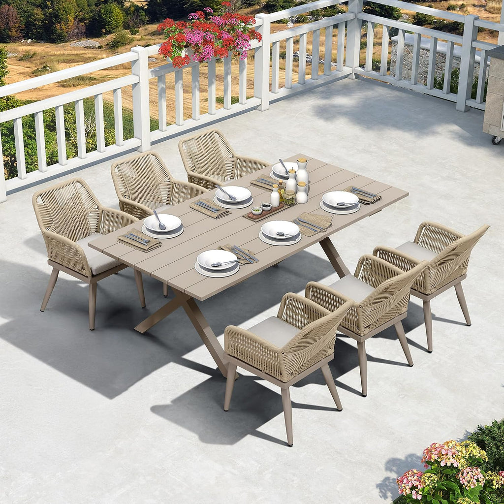 PURPLE LEAF Outdoor Patio Dining Set All-Weather PE Rattan Furniture Set with All Aluminum Frame Rectangular 7 Pieces Table and Chairs Set for 6 People Lawn Garden Backyard Deck, Champagne