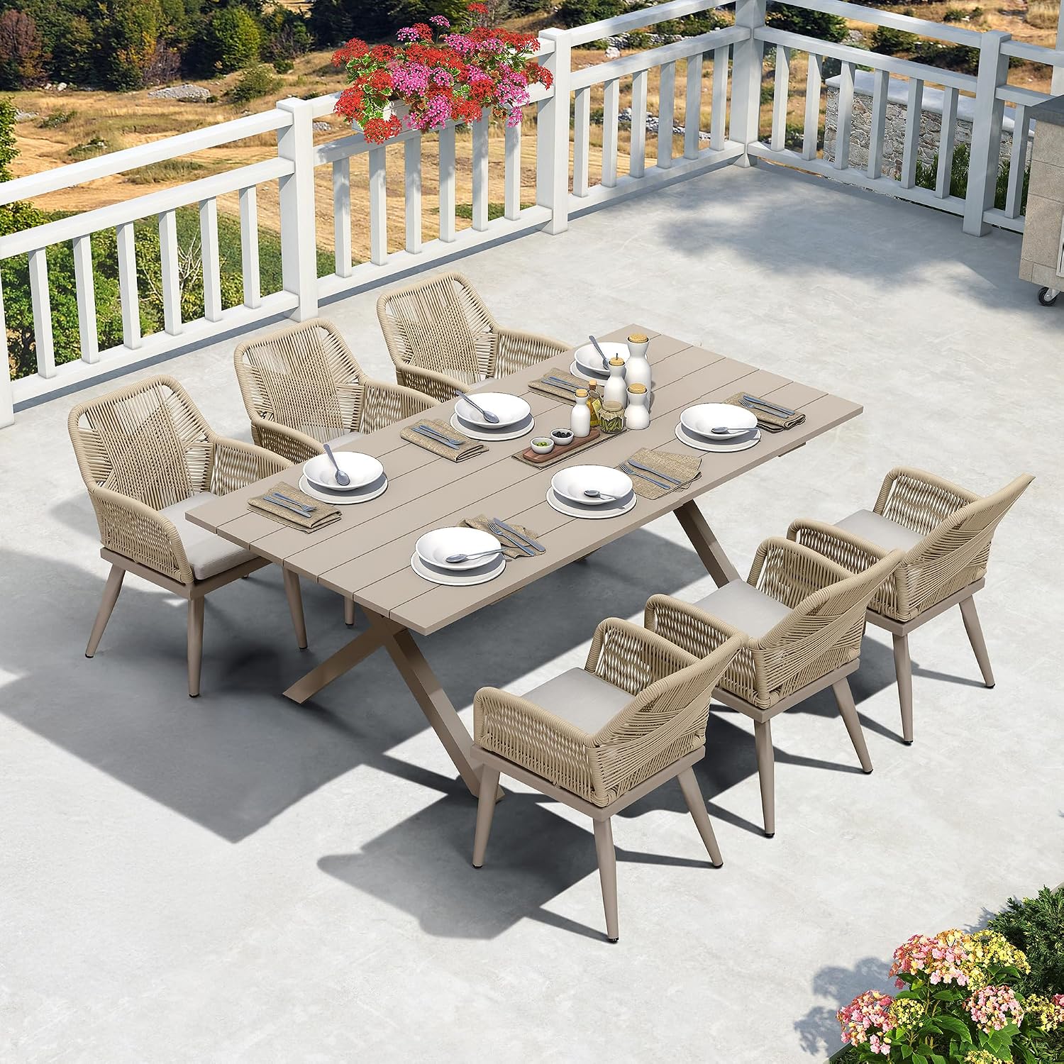 PURPLE LEAF Outdoor Patio Dining Set All-Weather PE Rattan Furniture Set with All Aluminum Frame Rectangular 7 Pieces Table and Chairs Set for 6 People Lawn Garden Backyard Deck, Champagne