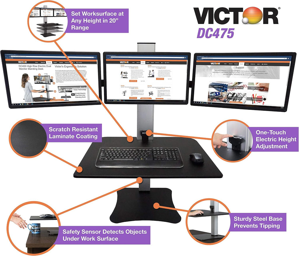 Victor DC475 High Rise Electric Triple Monitor Standing Desk Converter | Three Large Monitor Sit-Stand Desk | 28' Wide Work Surface | Compatible with Any Standard Desk | Adjustable Monitor Holder