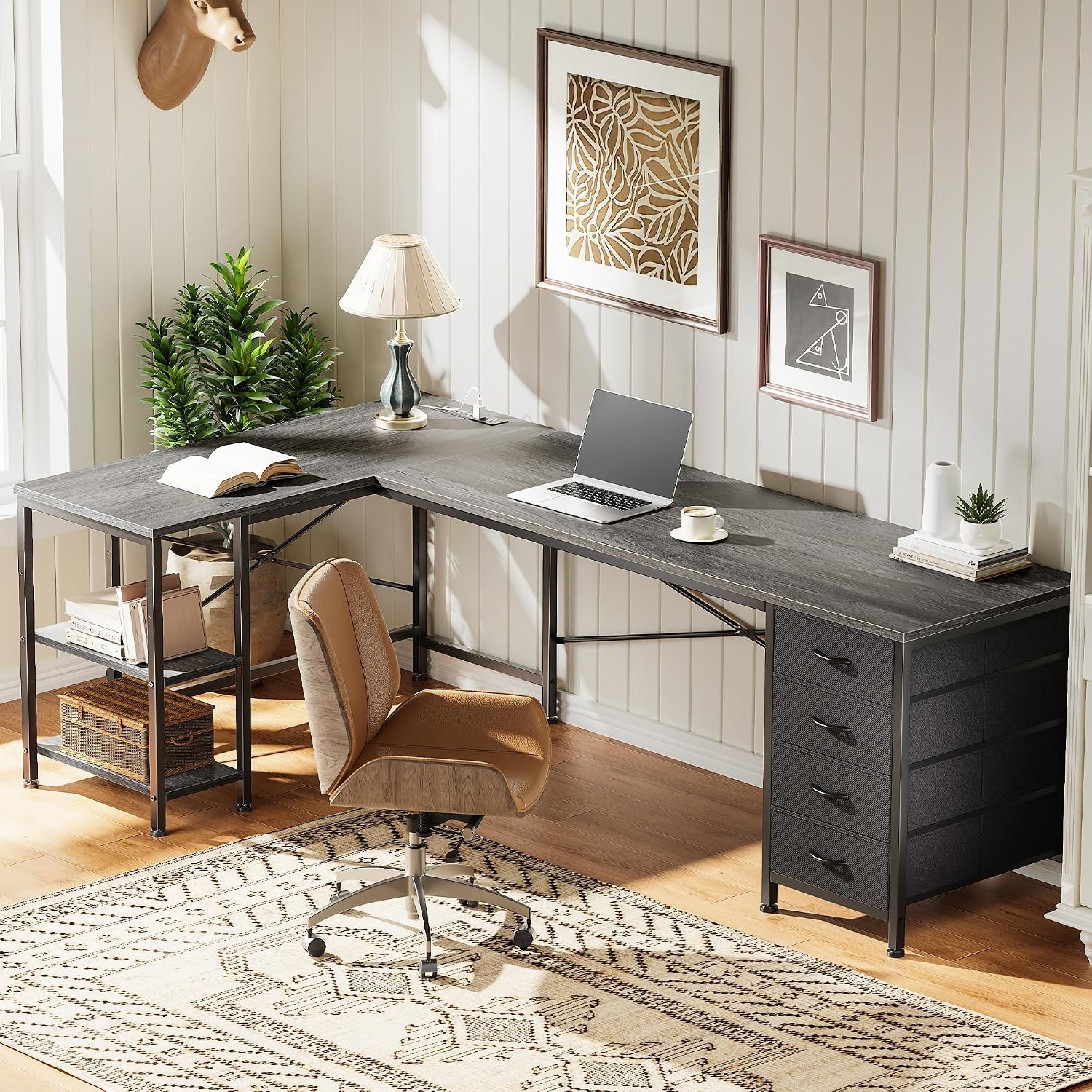 Huuger 63 Inch L Shaped Desk with Fabric Drawers, Reversible Computer Gaming Desk with Power Outlets and USB-C Port, Adjustable Side Storage Shelves, for Work Study Corner Home Office, Grey